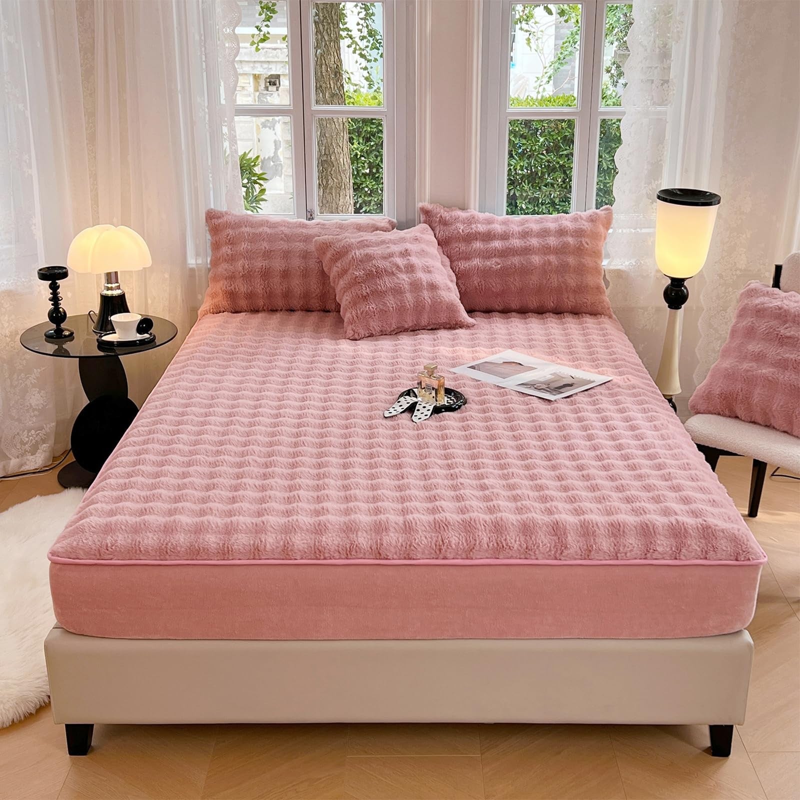 ZIQINPSQ plush shaggy queen fitted sheet with velvet faux fur, deep pockets, warm tie-dye design, soft and cozy bedding