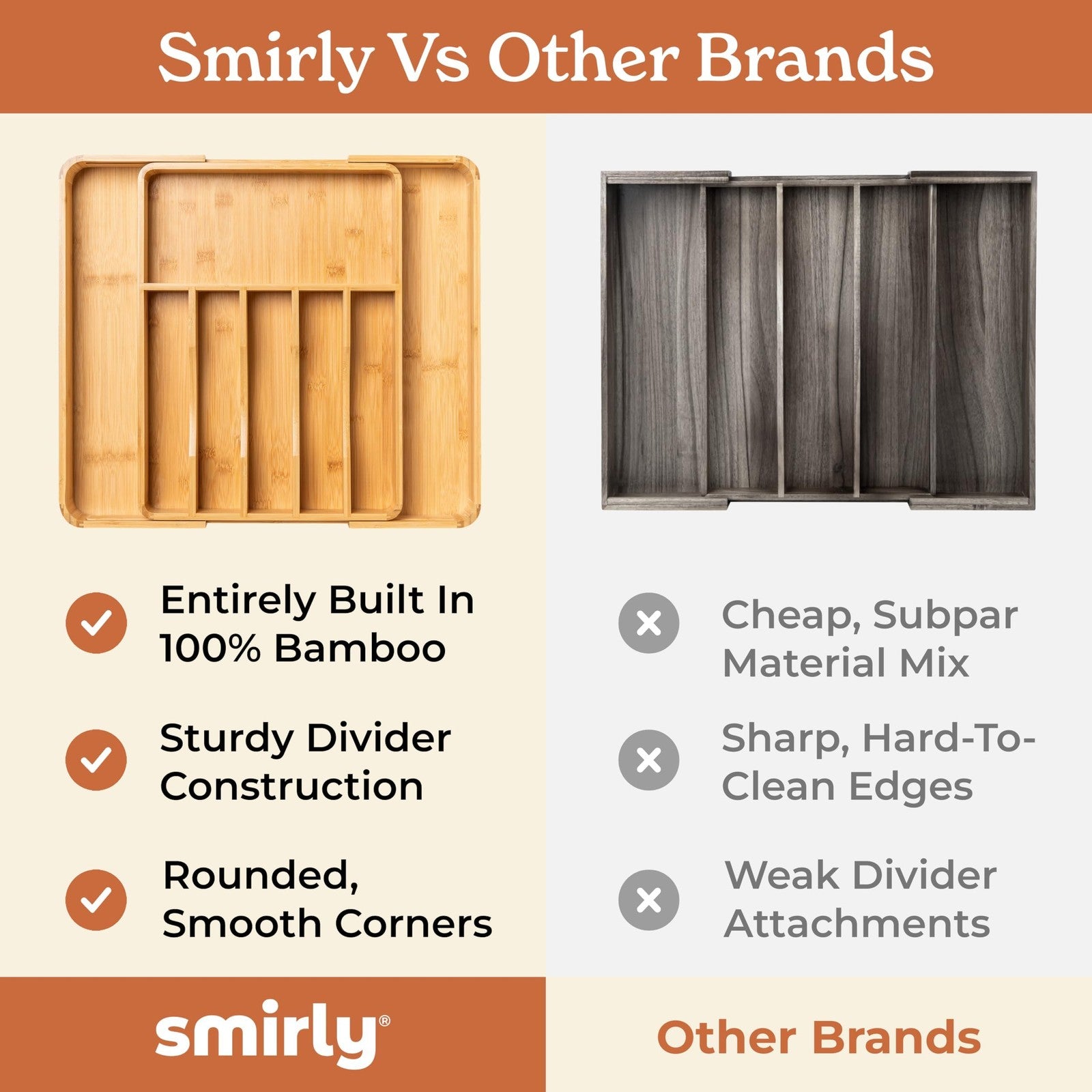 Bamboo kitchen drawer organizer by Smirly, adjustable silverware drawer insert with multiple compartments for utensils and cutlery.