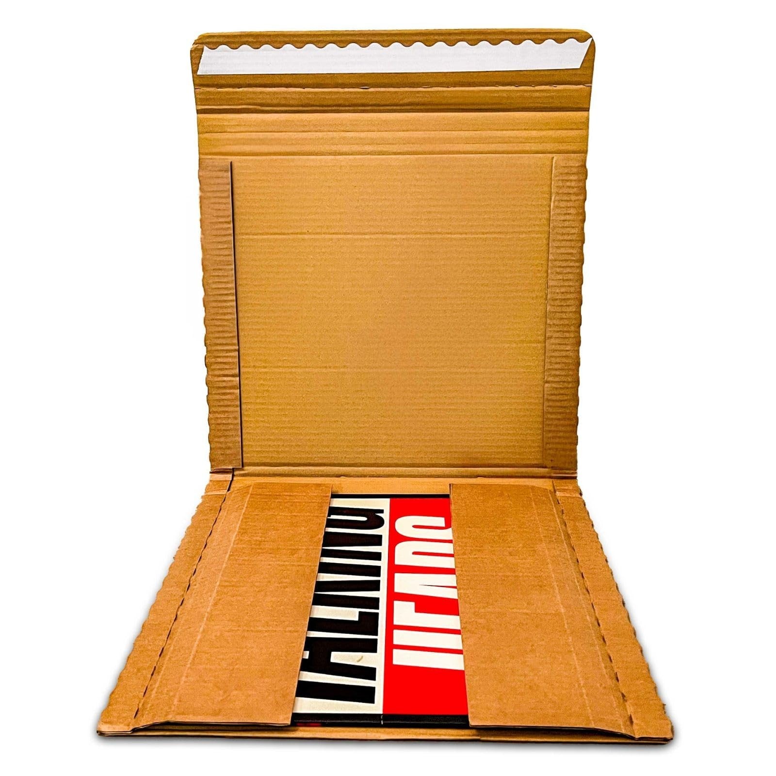 AlbumArmor vinyl record shipping boxes with fragile stickers, 12-inch LP mailers for safe postal delivery of vinyl records.