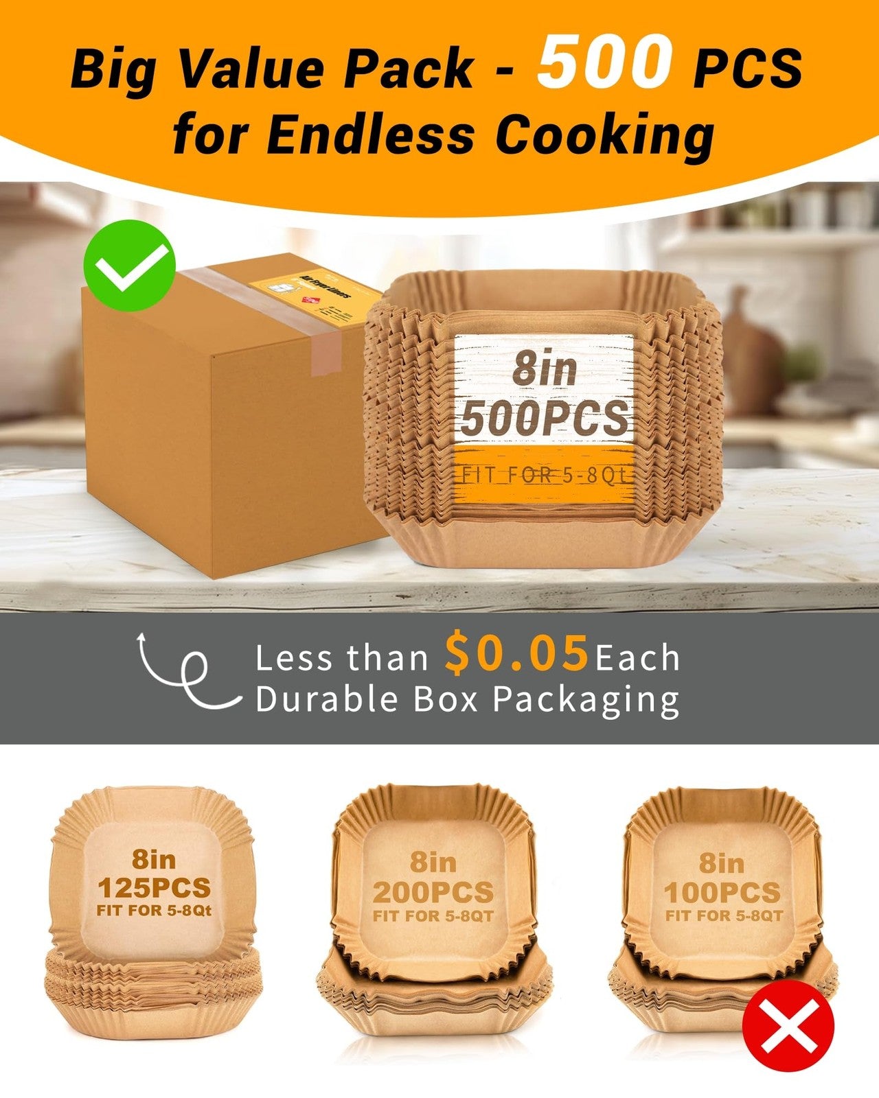 Set of 500 Bake Choice 8-inch square air fryer paper liners, disposable parchment paper for easy cleaning and food protection.