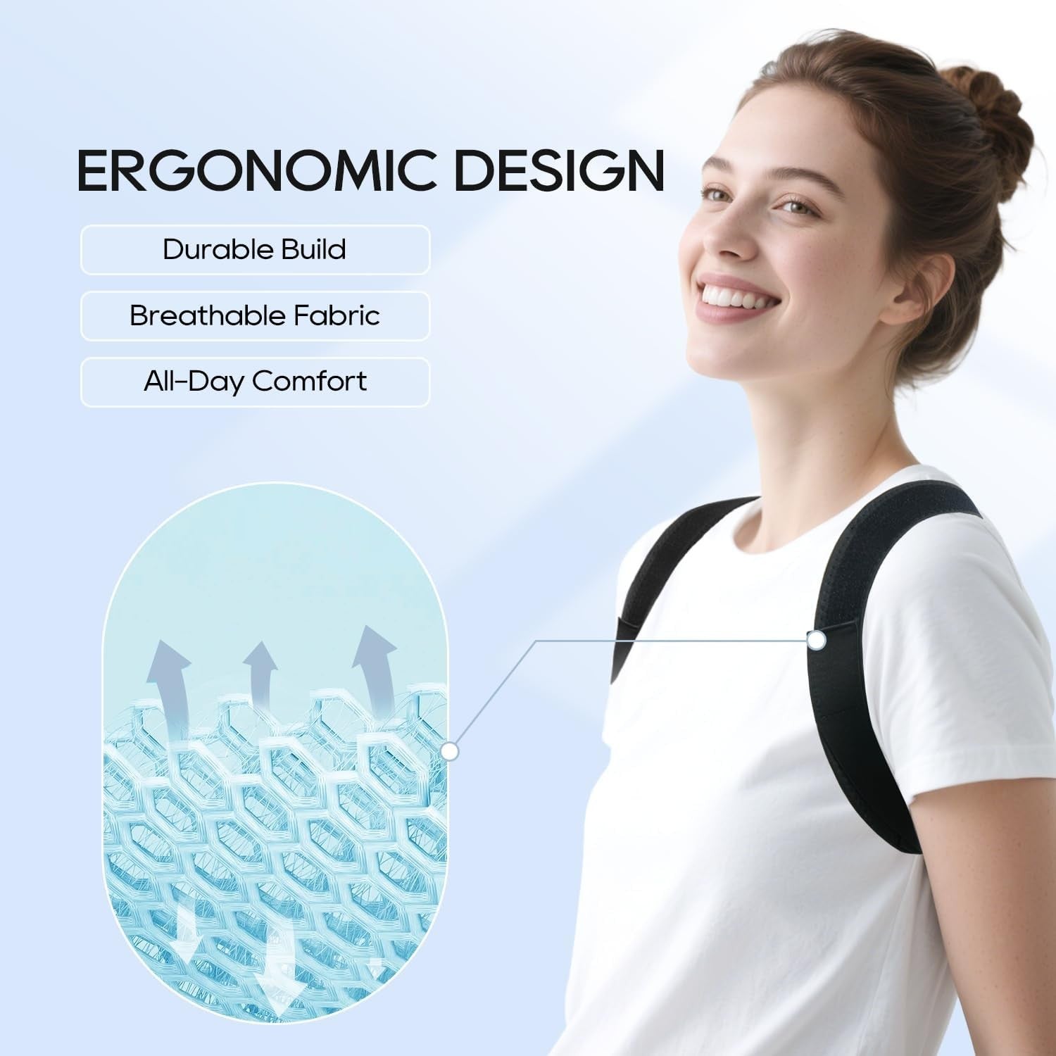 Duoorra posture corrector for women and men, adjustable back brace with straps, designed to improve upper and mid-back posture.