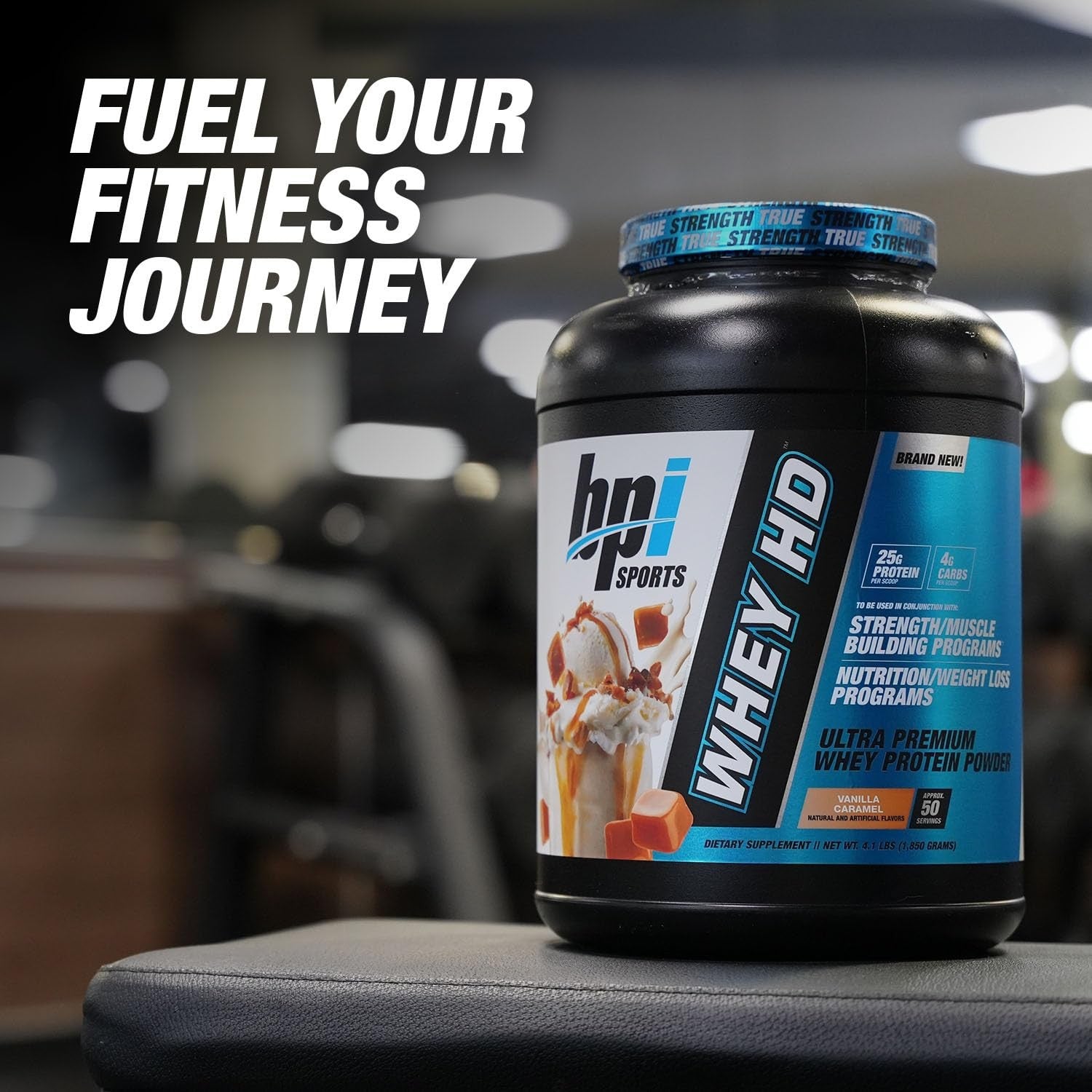 BPI Sports Whey HD Ultra Premium Protein Powder Salted Caramel 4.1lb container with scoop and label visible