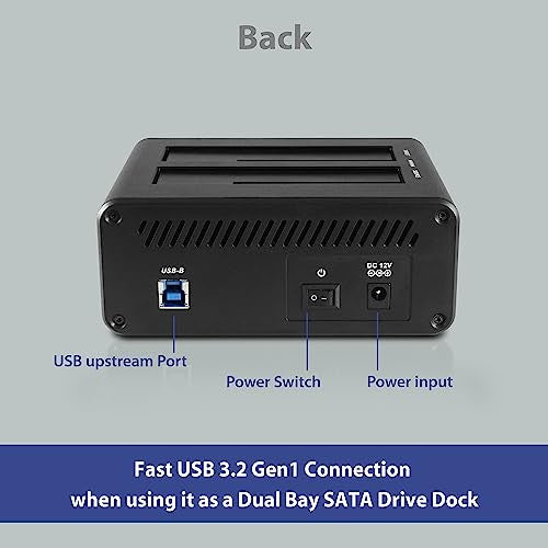 Vantec NexStar JX dual bay USB 3.2 Gen1 SATA III drive dock with clone function, showing drives inserted and USB connection.