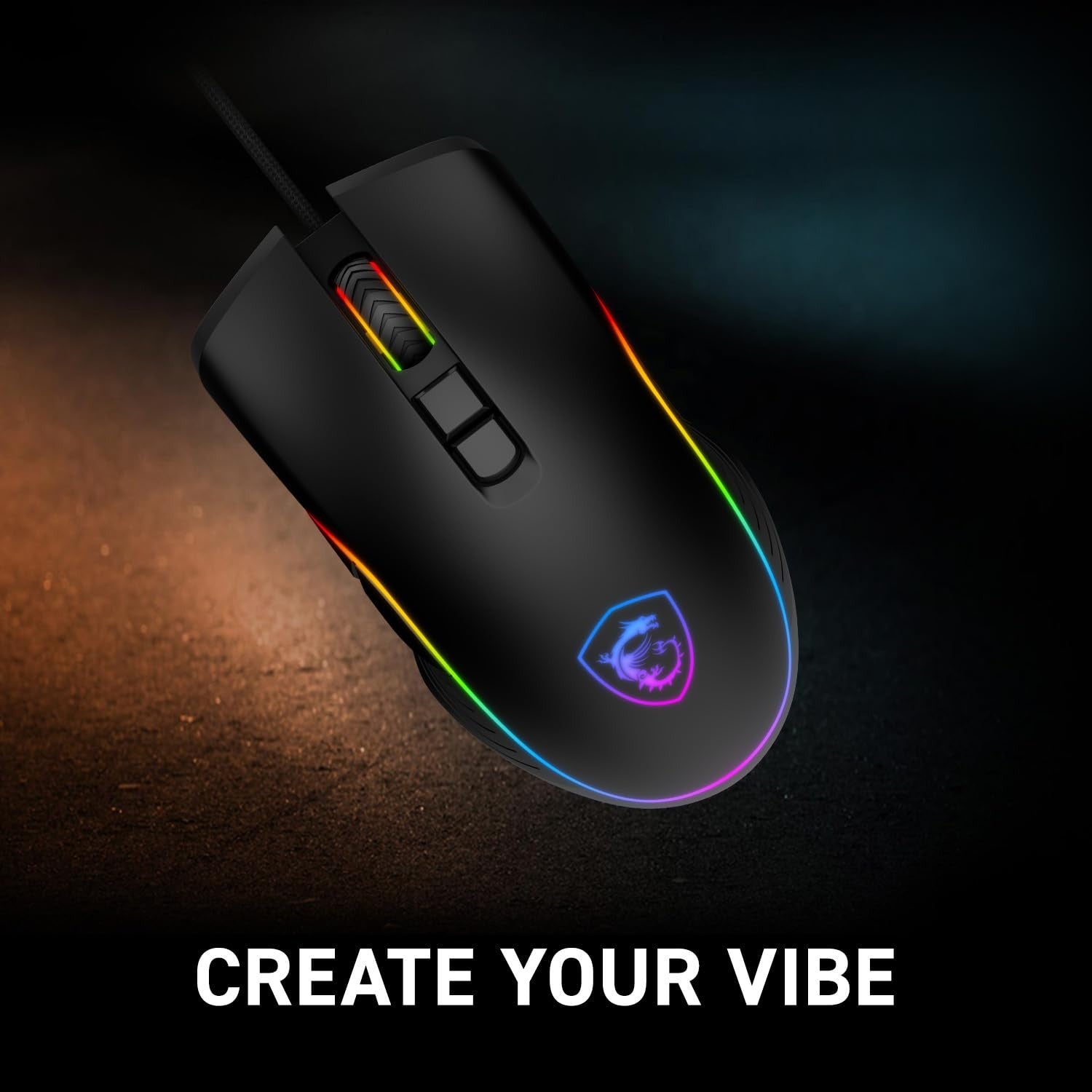 MSI Forge GM300 gaming mouse with RGB lighting, lightweight design, USB connection, and adjustable up to 7200 DPI on a desktop.