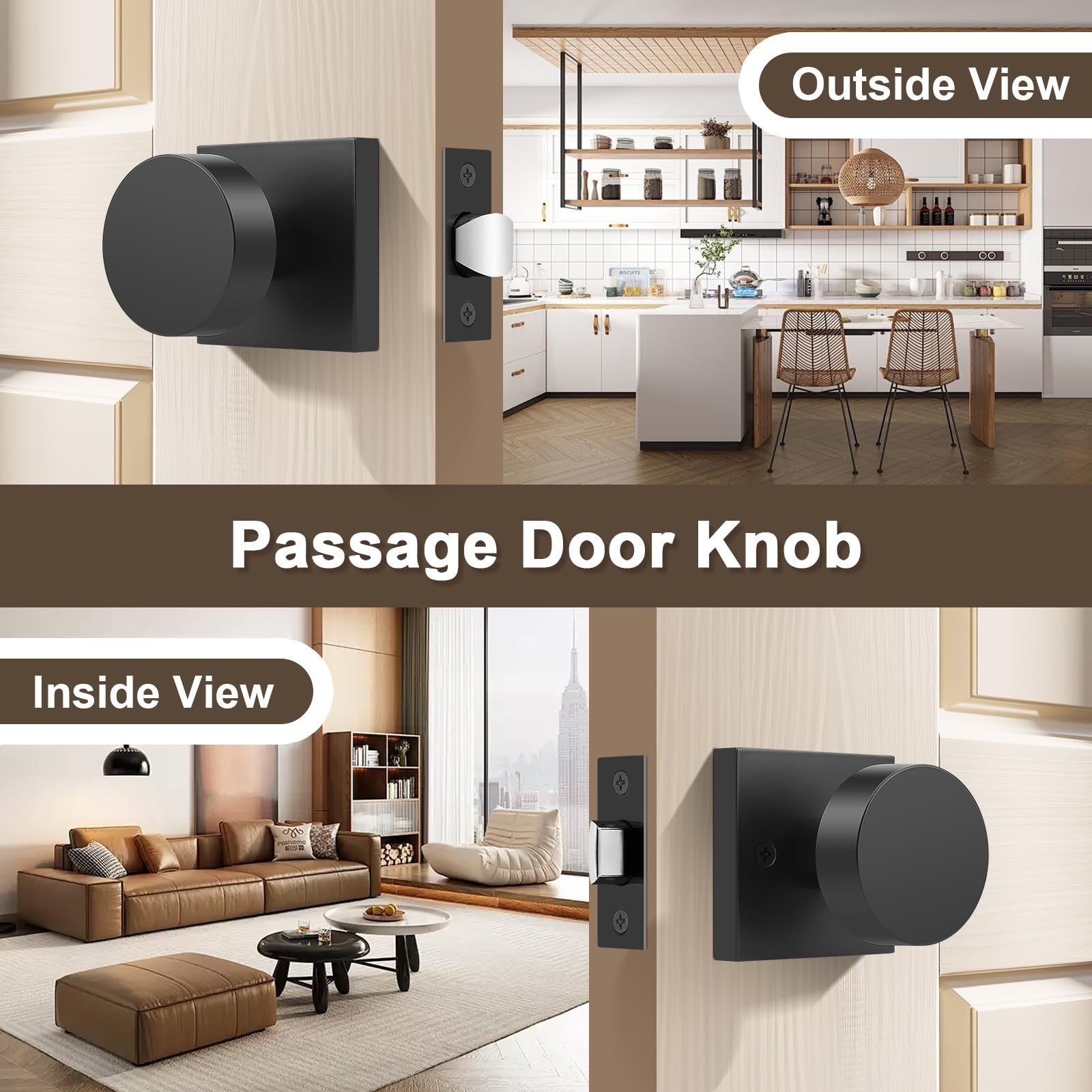 Probrico black interior door knobs for closet and hallway, keyless and no lock, shown on a modern door.