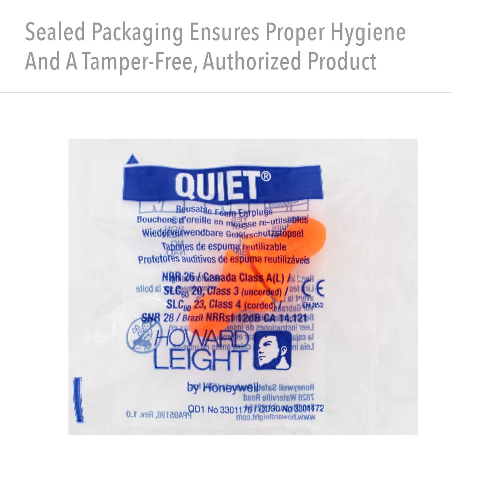 Howard Leight by Honeywell Quiet reusable orange earplugs, 10 pairs, shown in a close-up image.