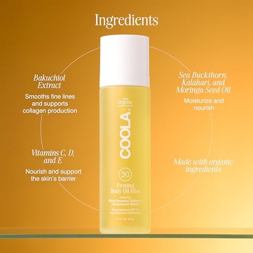 COOLA Firming Body Oil Mist SPF 30, organic lightweight hydrating sunscreen spray with a clear bottle and sprayer.