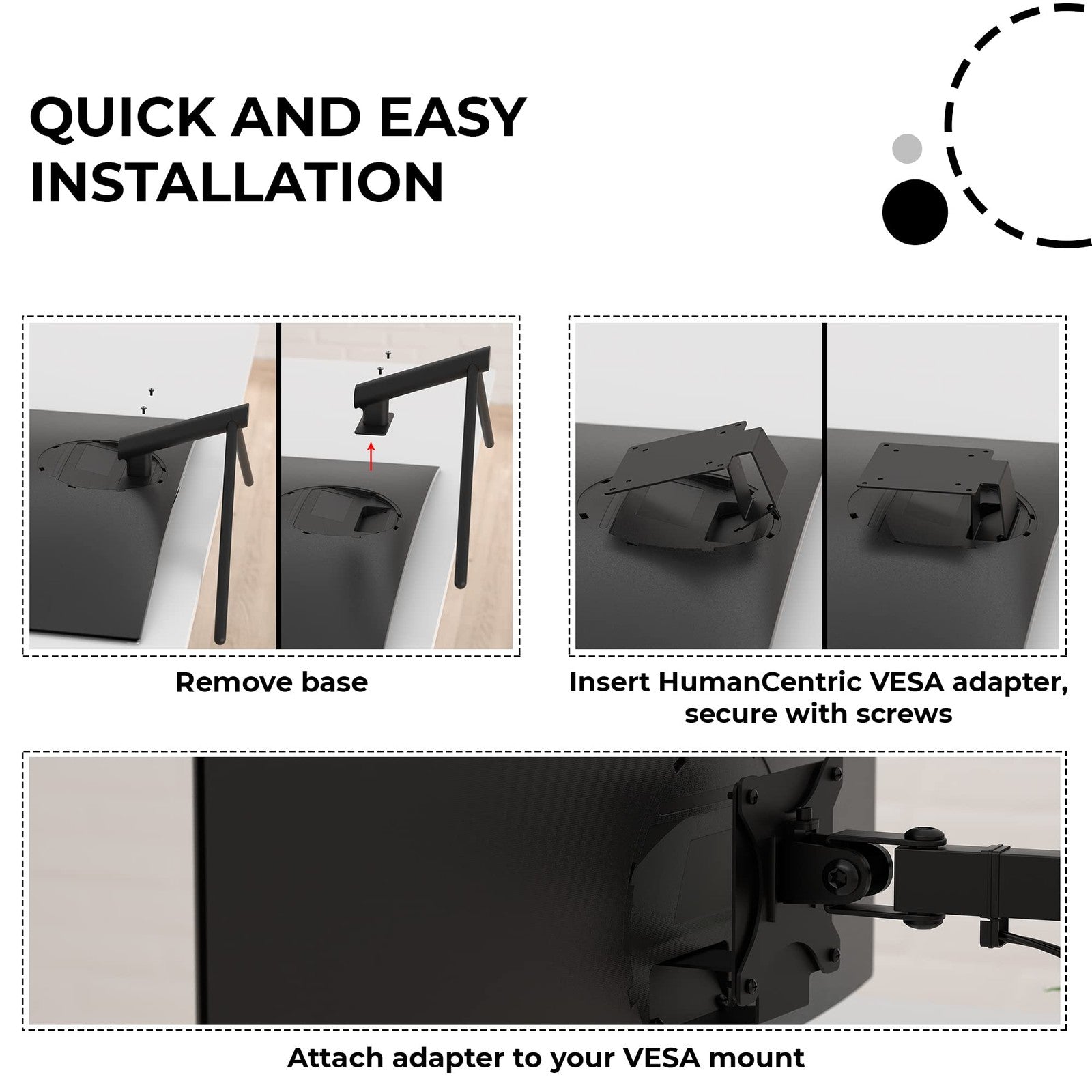 HumanCentric VESA mount adapter attached to Samsung U32R590 curved monitor, showing the mounting bracket and connection points.