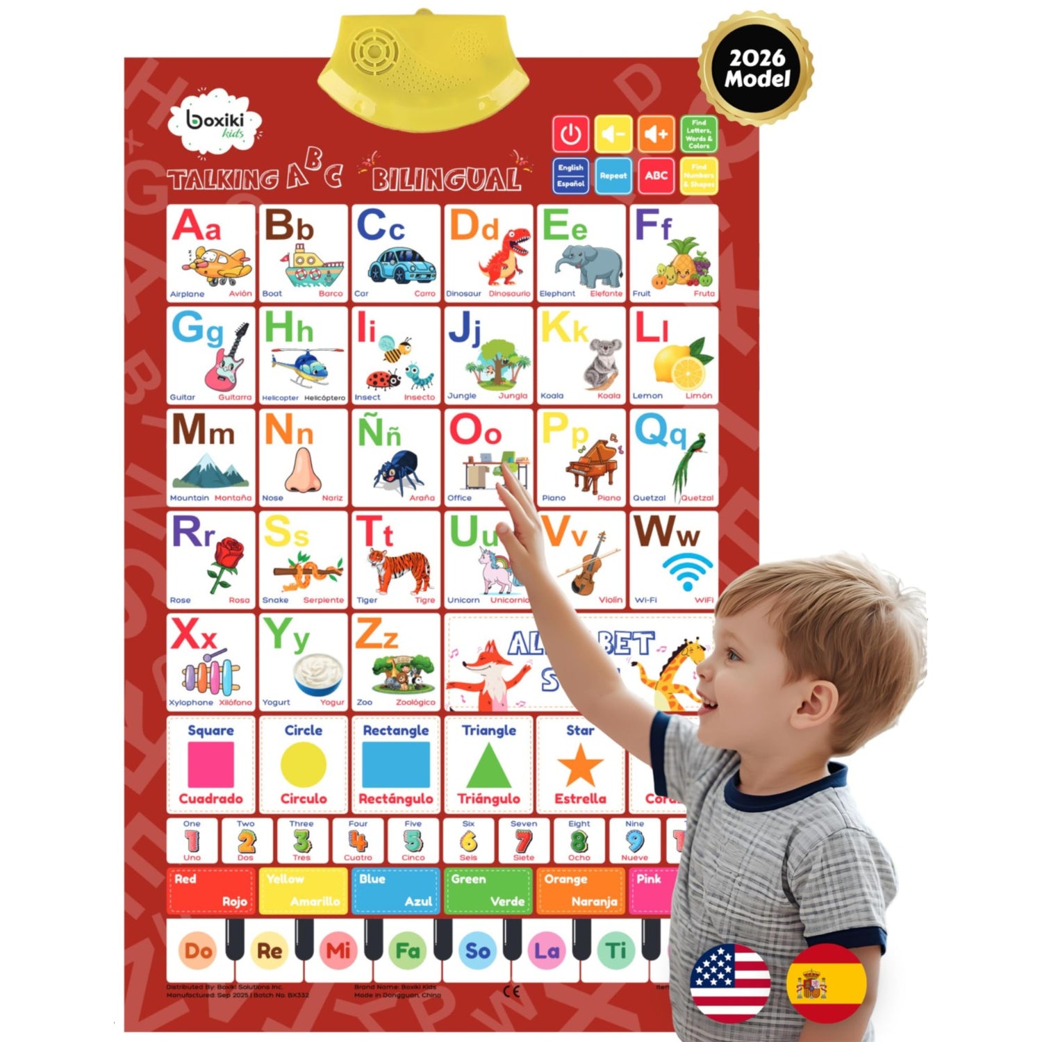 Boxiki Kids bilingual English and Spanish interactive alphabet wall chart, 2026 model, featuring colorful letters and engaging educational visuals.