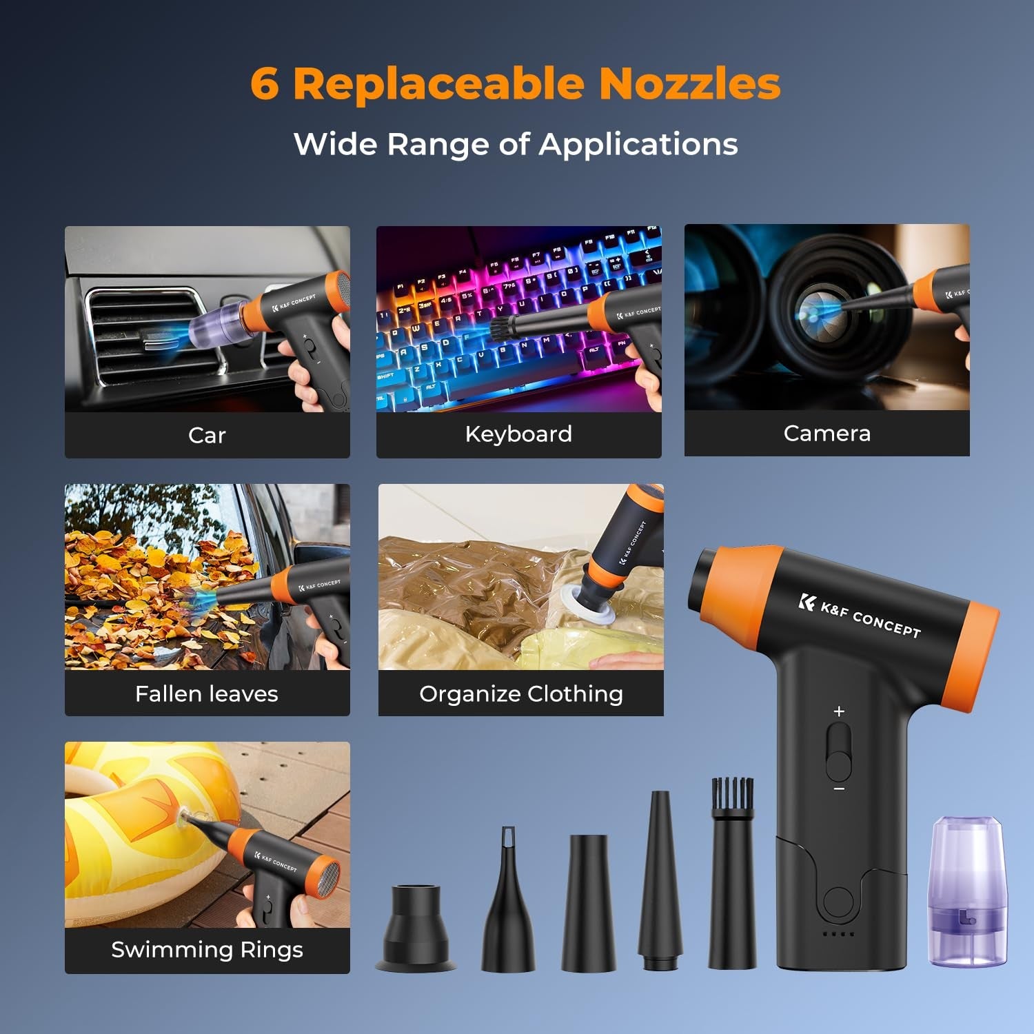 K&F Concept electric air duster blower with stepless speed control and high RPM, suitable for cleaning PCs and cars.