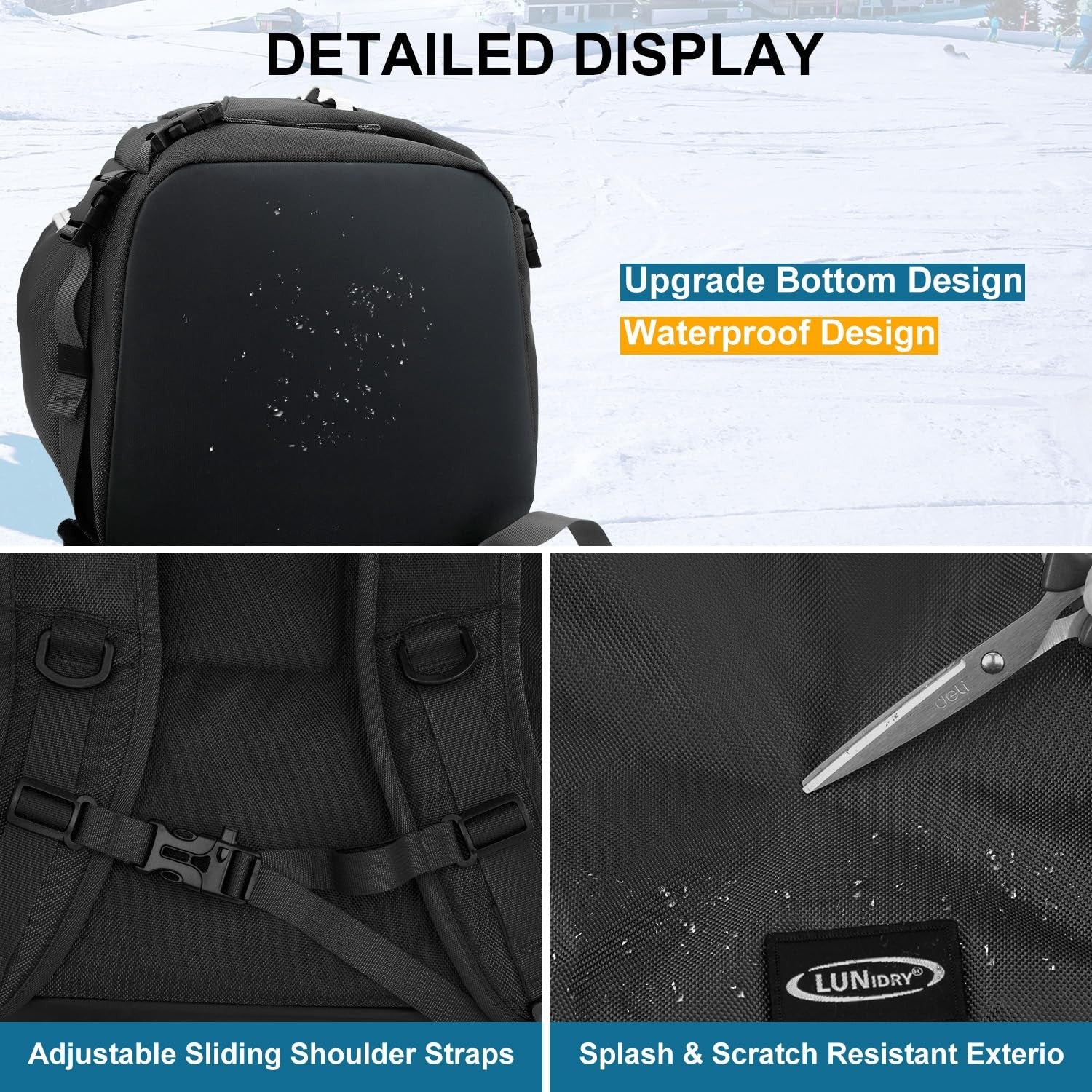 Lunidry 65L waterproof ski and snowboard boot bag with multiple compartments for travel and outdoor winter sports gear.