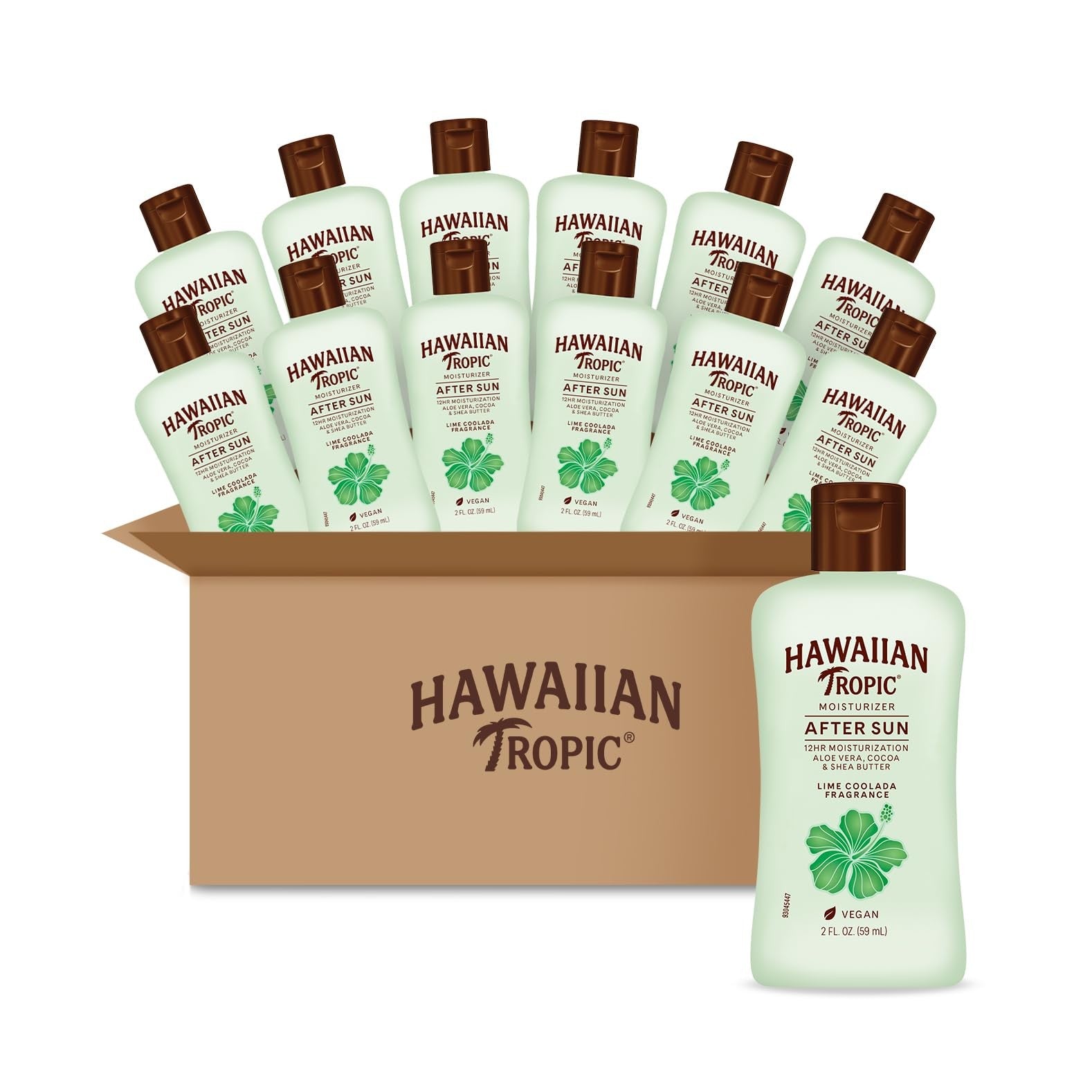 Hawaiian Tropic After Sun Lotion Lime Coolada mini bottles in a travel case, aloe vera formula, ideal for soothing sun-exposed skin.