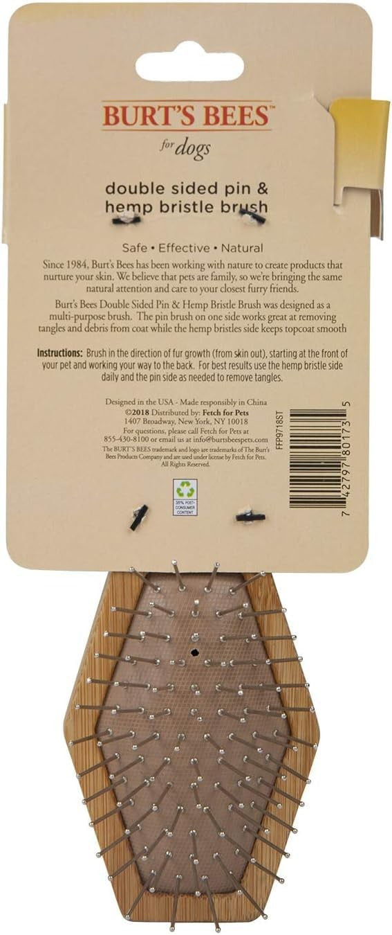 Burt's Bees for Pets double-sided dog brush with hemp bristle and pin sides for grooming and detangling dogs' fur.