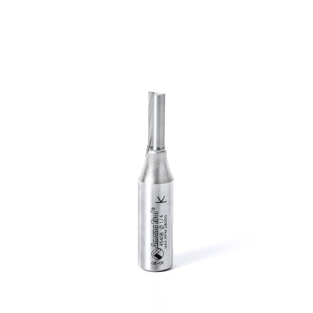 Amana Tool 1/4-inch straight plunge router bit with 3/4-inch diameter and 1/2-inch shank, designed for high production woodworking.