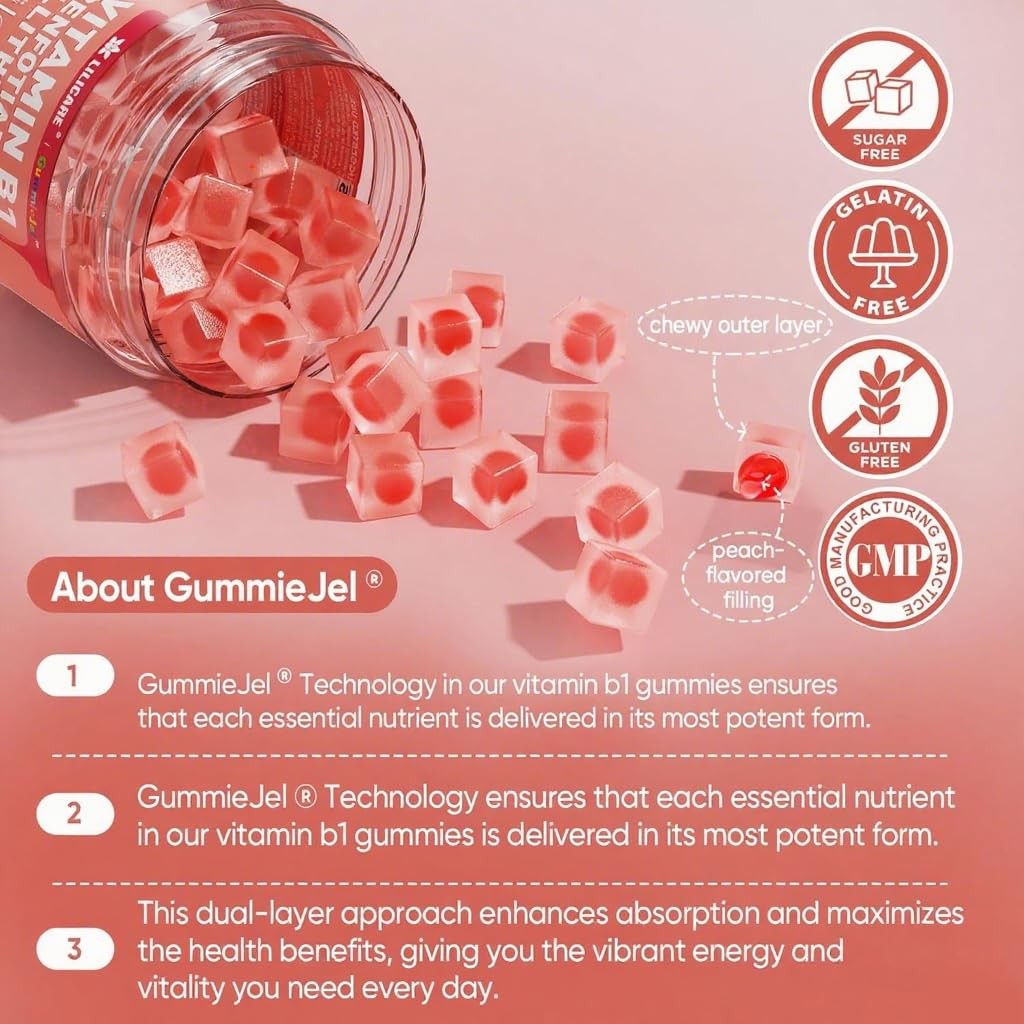 LILICARE Vitamin B1 and B Complex Gummies with Methylated B Vitamins and Benfotiamine, showing colorful gummy supplements on a white background.