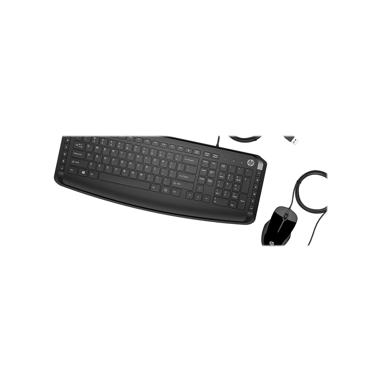 HP Pavilion wired keyboard and mouse set in black with USB-A plug-and-play connectivity, full-sized keys and ergonomic design.