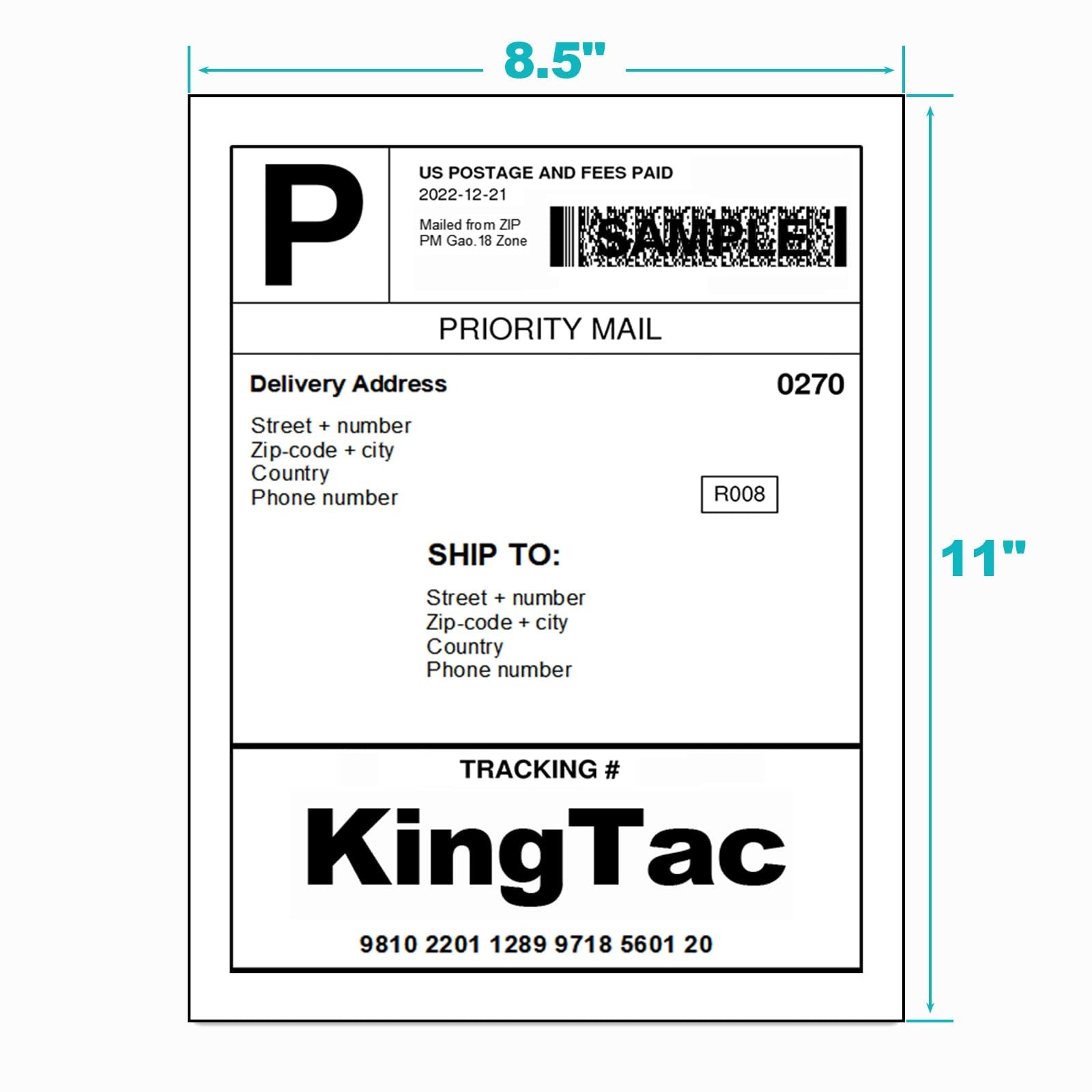 Kingtac 500 A4 full-page shipping labels 8.5 x 11 for laser and inkjet printers, shown on a sheet with printed labels.