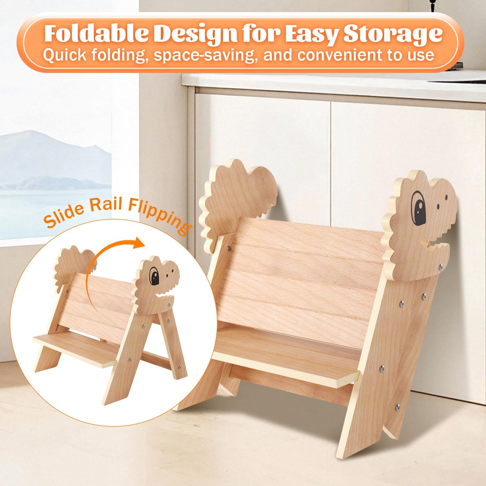 Novarieth beech wooden toddler step stool with two steps, foldable design, suitable for kids' bathroom or kitchen use