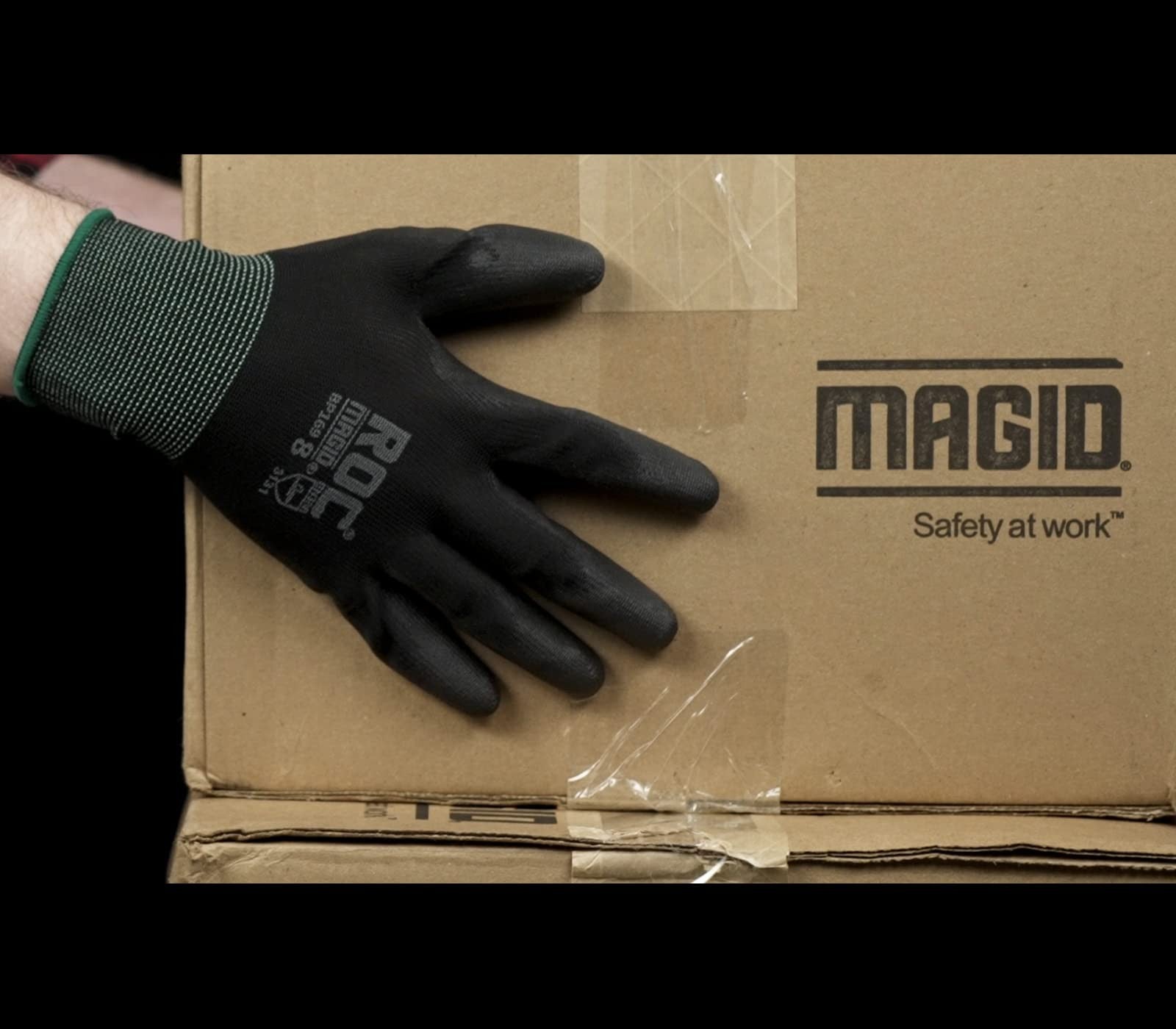 Pair of Magid Roc lightweight polyurethane palm coated work gloves in a box, showing textured grip and flexible fit.