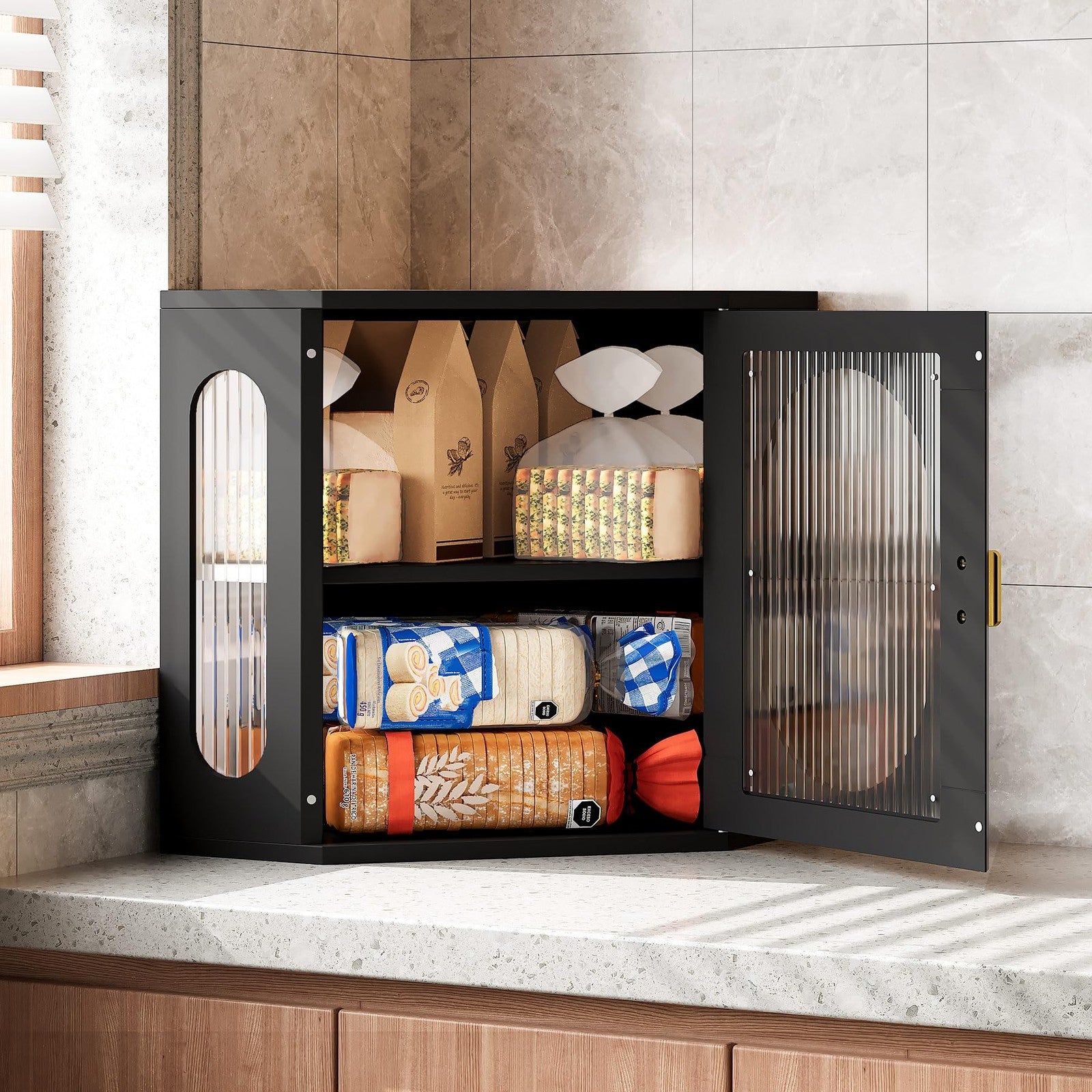 Alpeir corner bread box made of solid wood with double layers and large capacity, featuring adjustable shelves for kitchen storage.