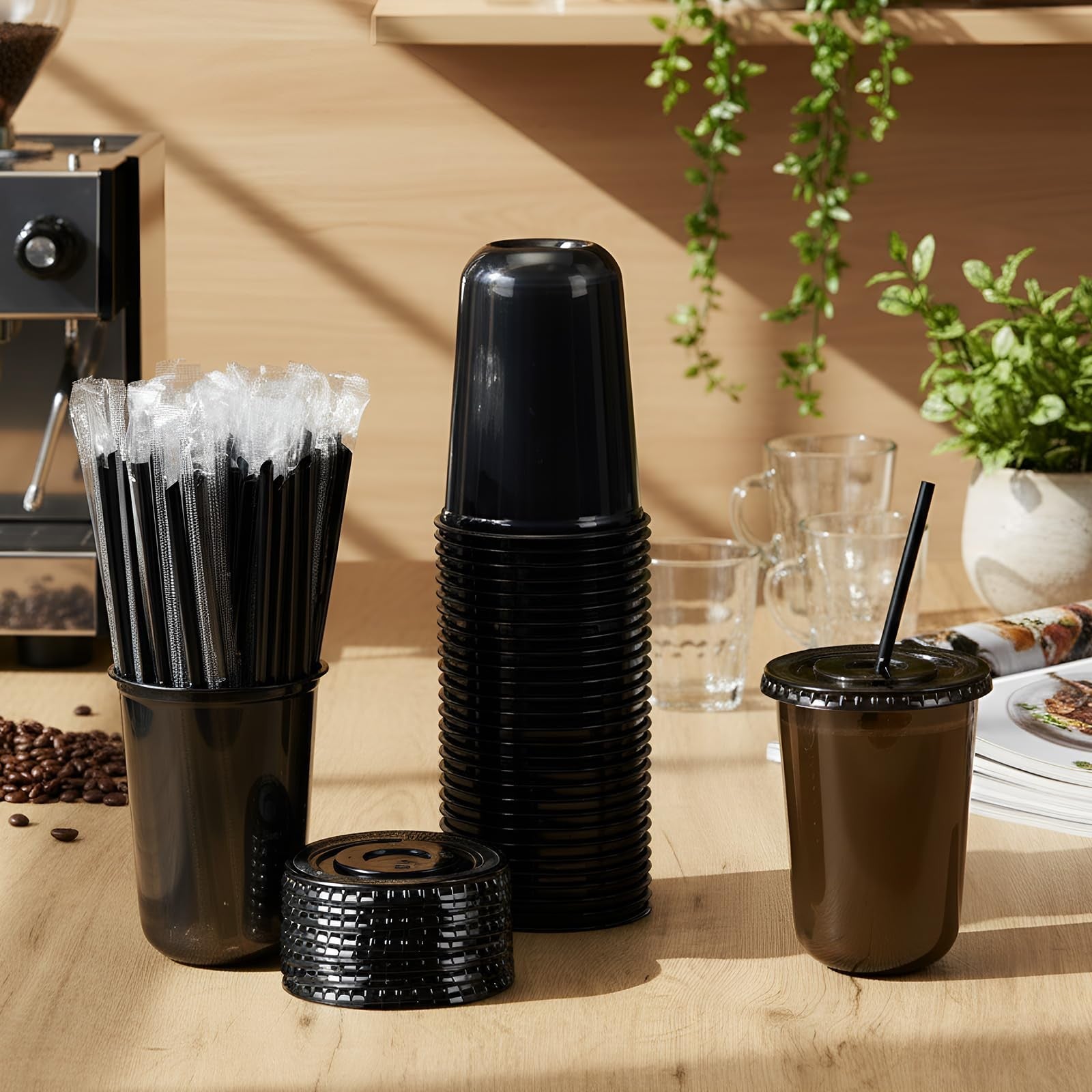 Ziliny 50-pack clear plastic cups with lids and straws, 16 oz PET disposable cups for cold beverages, stacked with lids and straws.