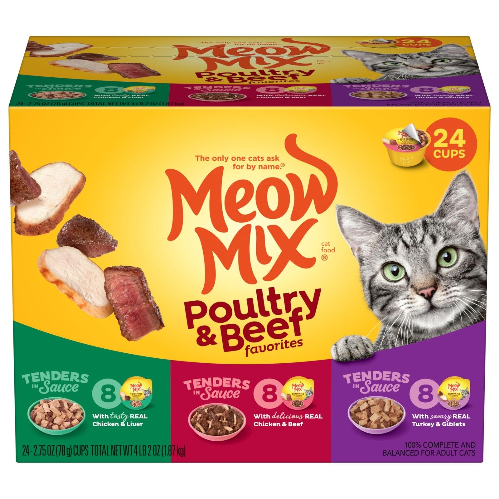Meow Mix Wet Cat Food Bundle with seafood tenders in 2.75oz packs, showing colorful cans arranged in a row.