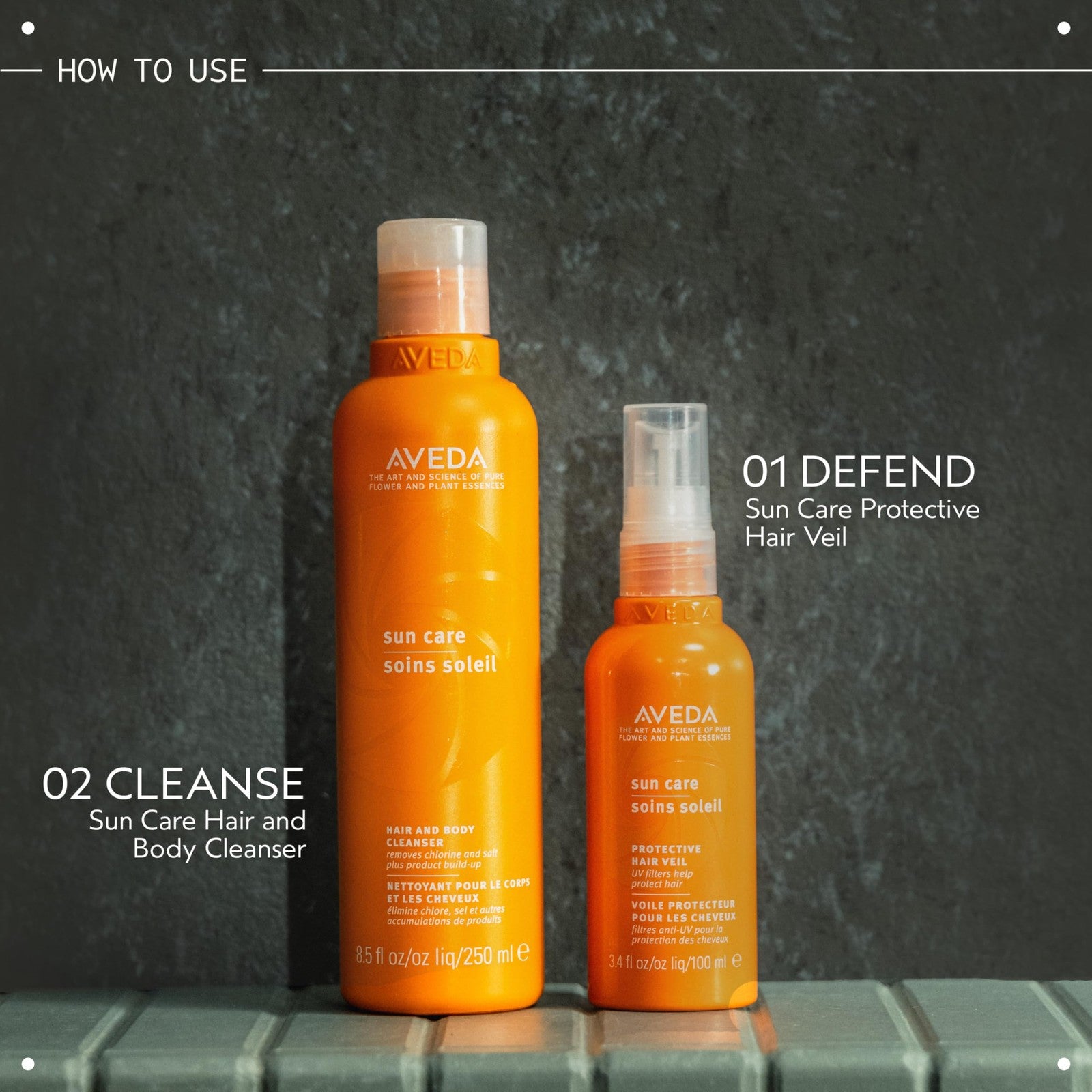 Aveda Sun Care Hair & Body Cleanser bottle with label, 8.5 fl oz, designed to remove chlorine and salt from hair and skin.