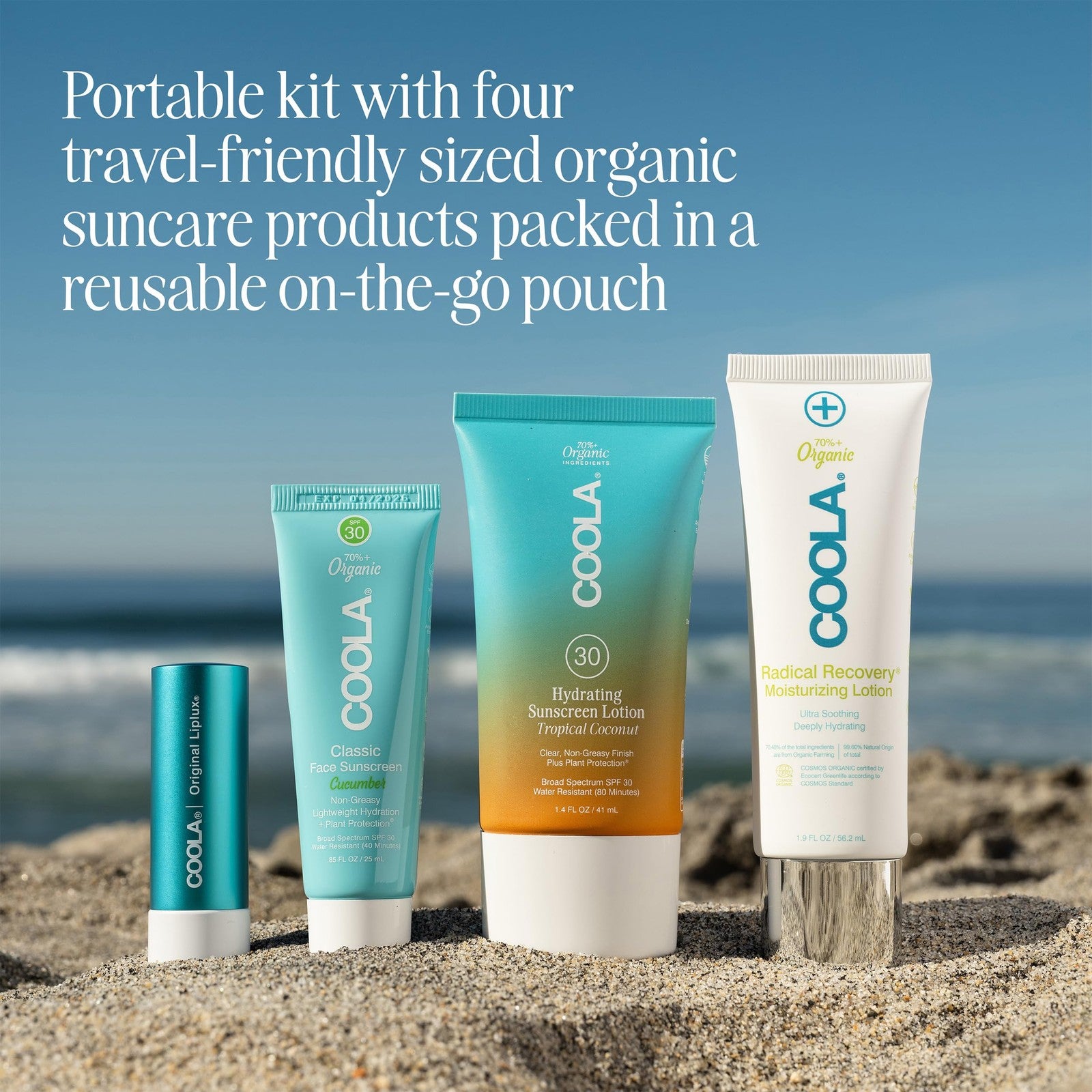 Coola Organic Sunscreen and Lip Balm SPF 30 Sun Essentials Kit with dermatologist-tested sunscreen and nourishing lip balm.