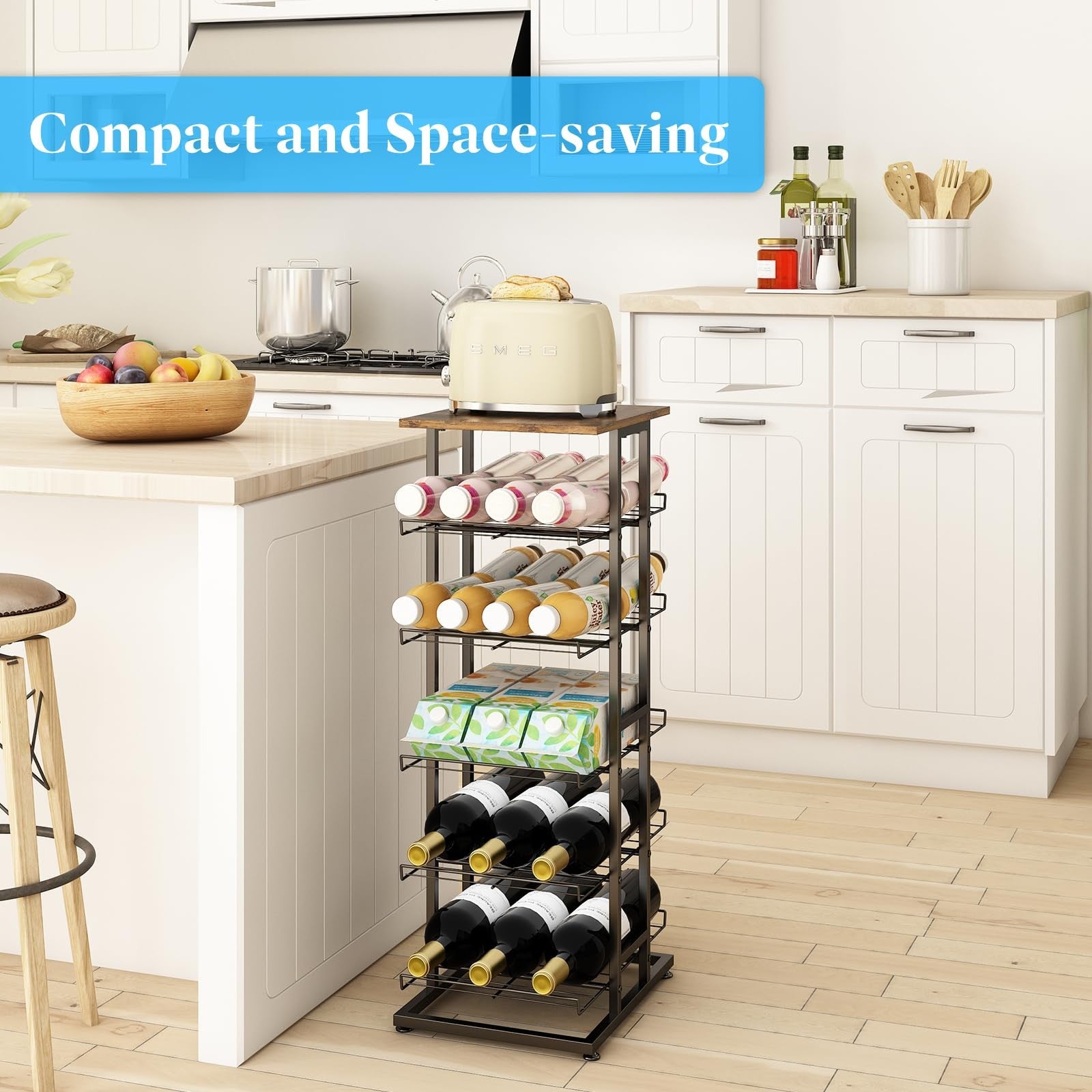 GILLAS 3-8 tier water bottle storage rack with wooden tabletop and metal beverage holder for organized drink storage.