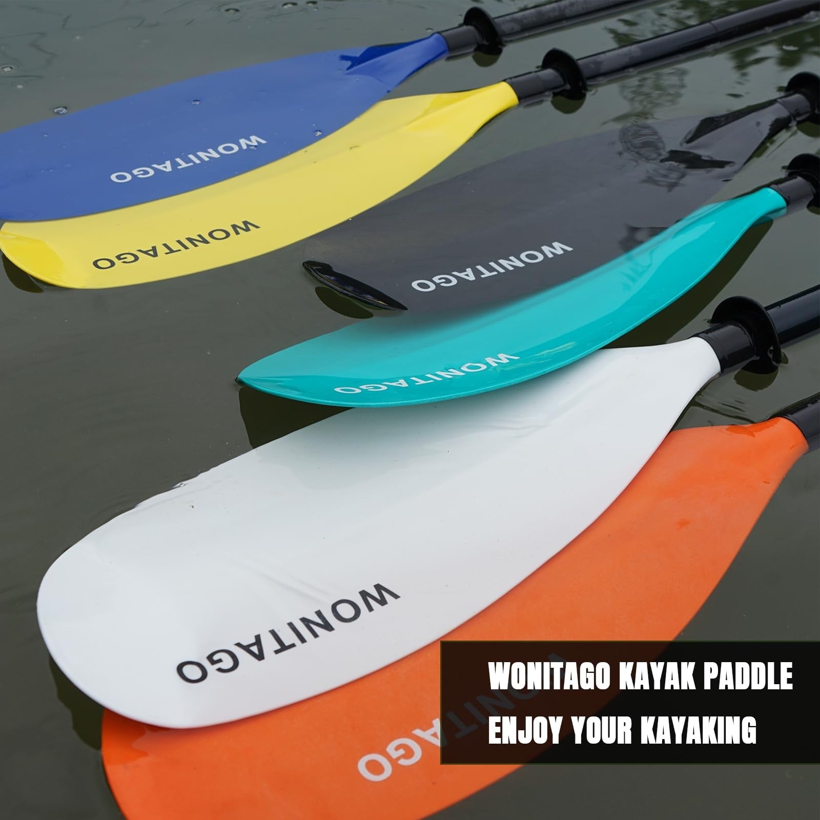 Wonitago kayak paddles with alloy shafts and PP blades, floating kayaking oars shown with lightweight, durable design.