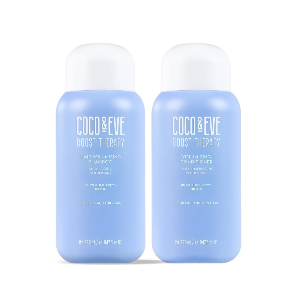 Coco & Eve Boost Therapy hair volumizing shampoo and conditioner set with bottles featuring labels and pump dispensers.