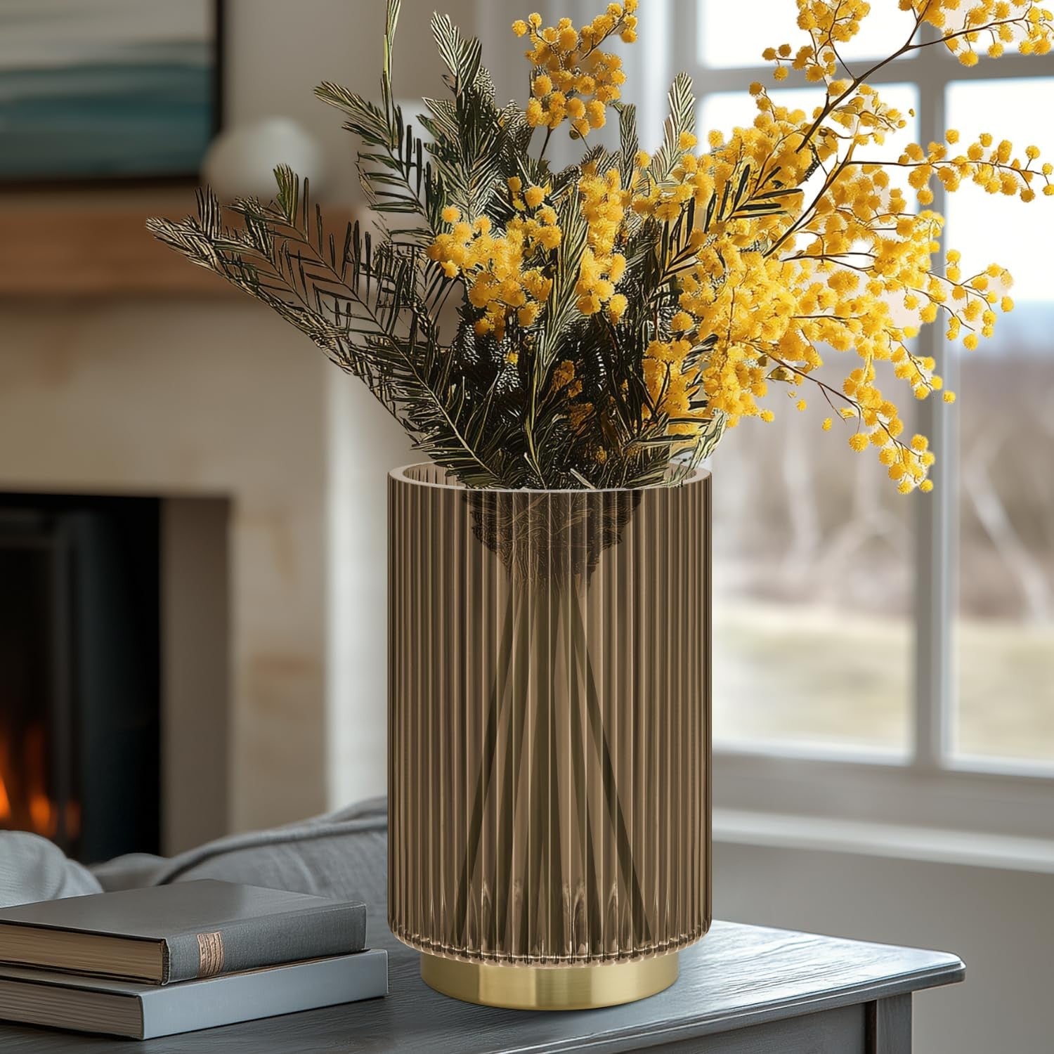 Torre & Tagus brown glass vase with ribbed design, ideal for flowers and decorative hurricanes.