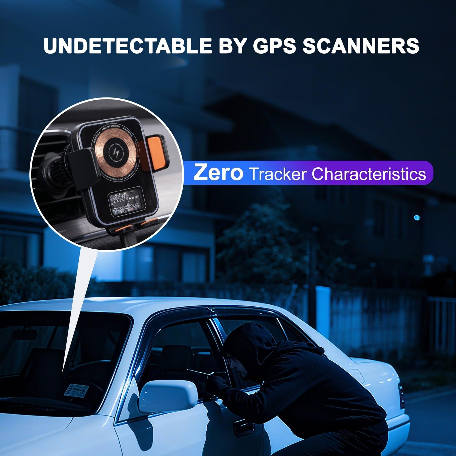 Gudluky 15W fast wireless car charger with built-in GPS air tracker tag, compatible with iOS devices, shown mounted in a vehicle.