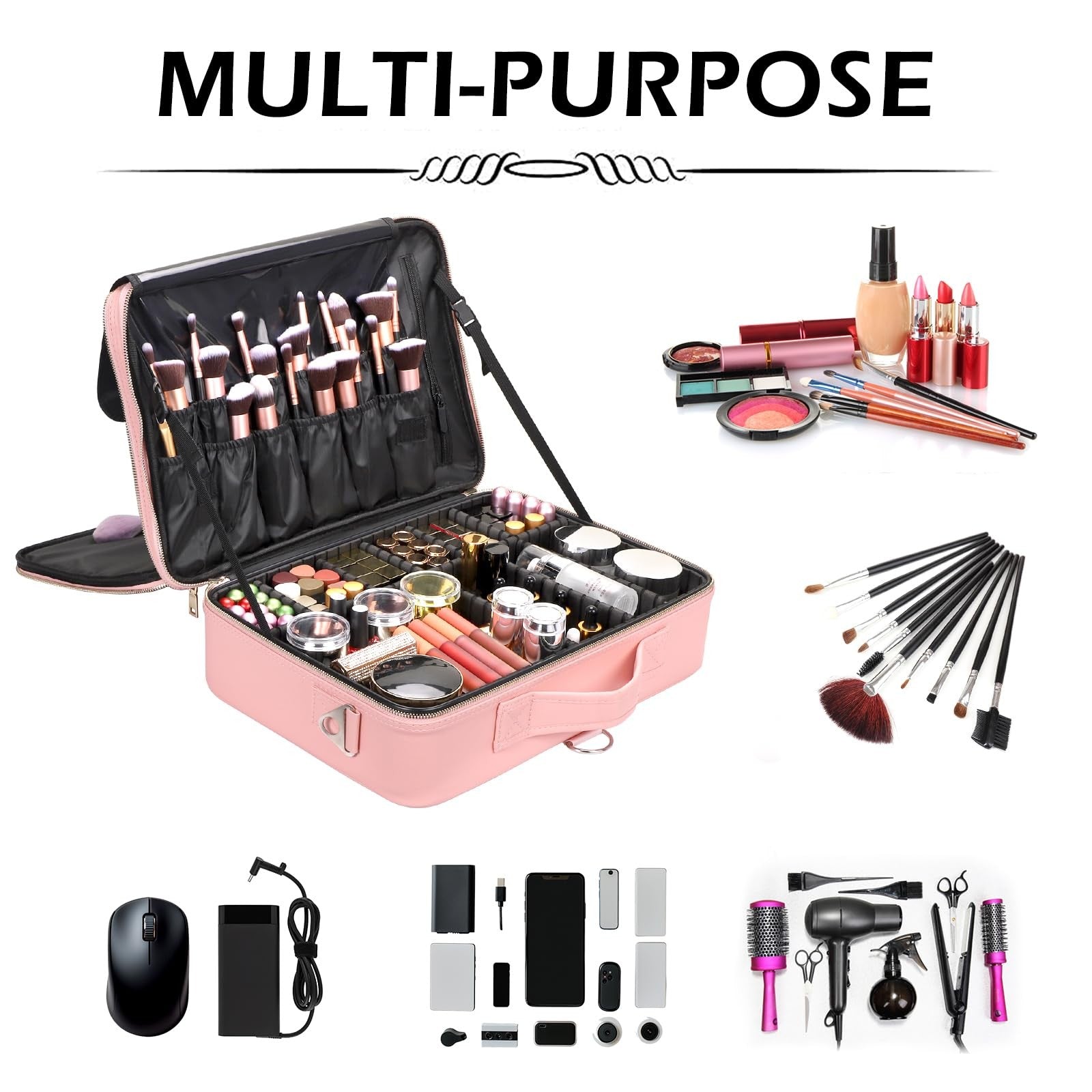 Gzcz large capacity travel makeup case organizer with multiple compartments for cosmetics and beauty essentials.