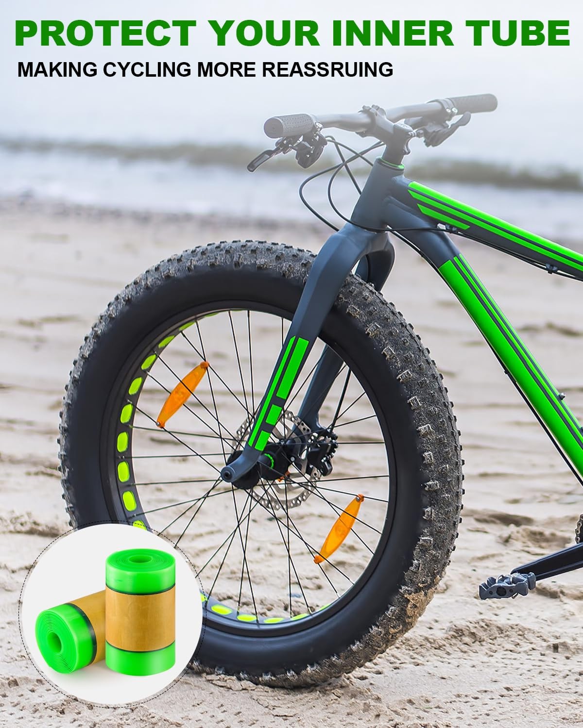 JULAI Fat Tire Bike Bicycle Tube with self-adhesive puncture protector and liner for flat tire prevention.