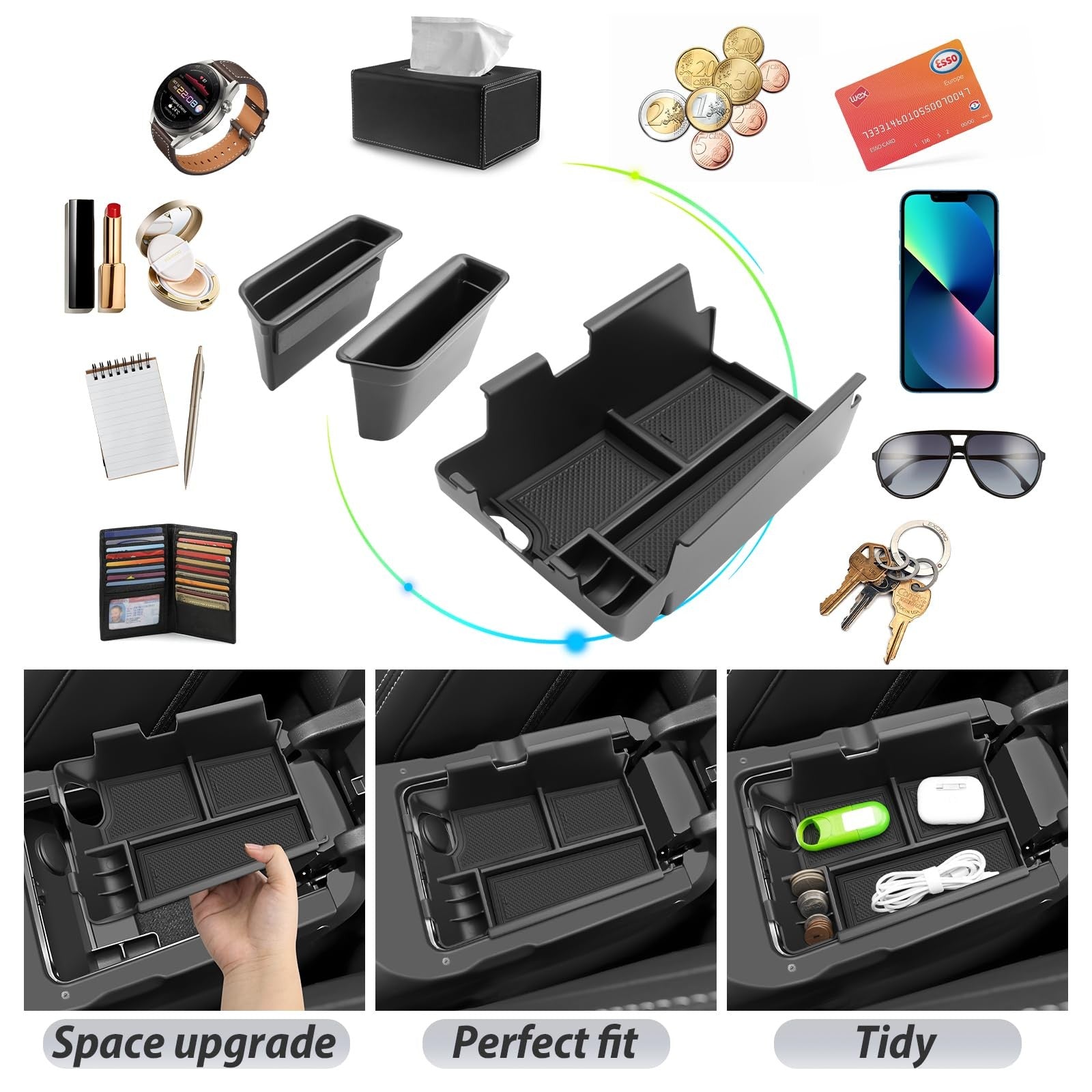 SKTU three-piece center console organizer for Ford Mustang 2024-2026, includes storage compartments for interior organization.