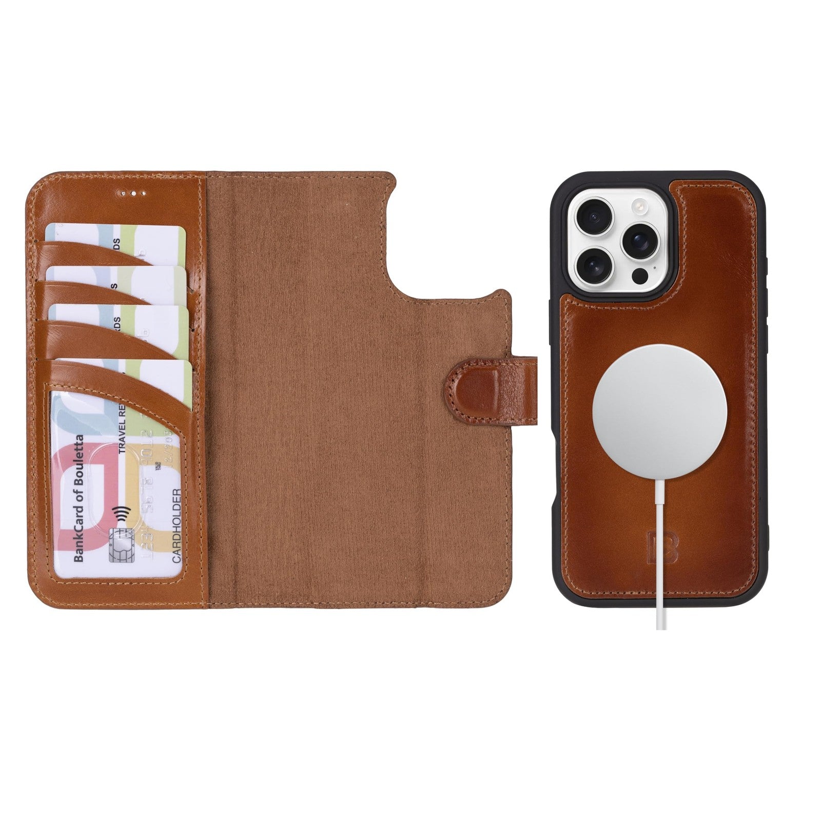 Bouletta iPhone 16 Pro case with wallet, MagSafe compatibility, kickstand, and drop impact protection, shown on a white background.