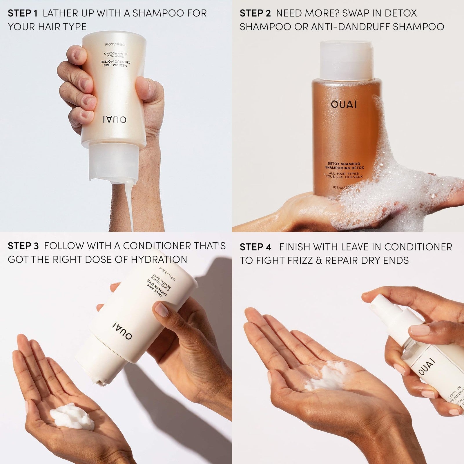 OUAI Leave-In Conditioner Heat Protectant Spray in 4.7oz bottle, detangles, reduces frizz, and adds shine to hair.
