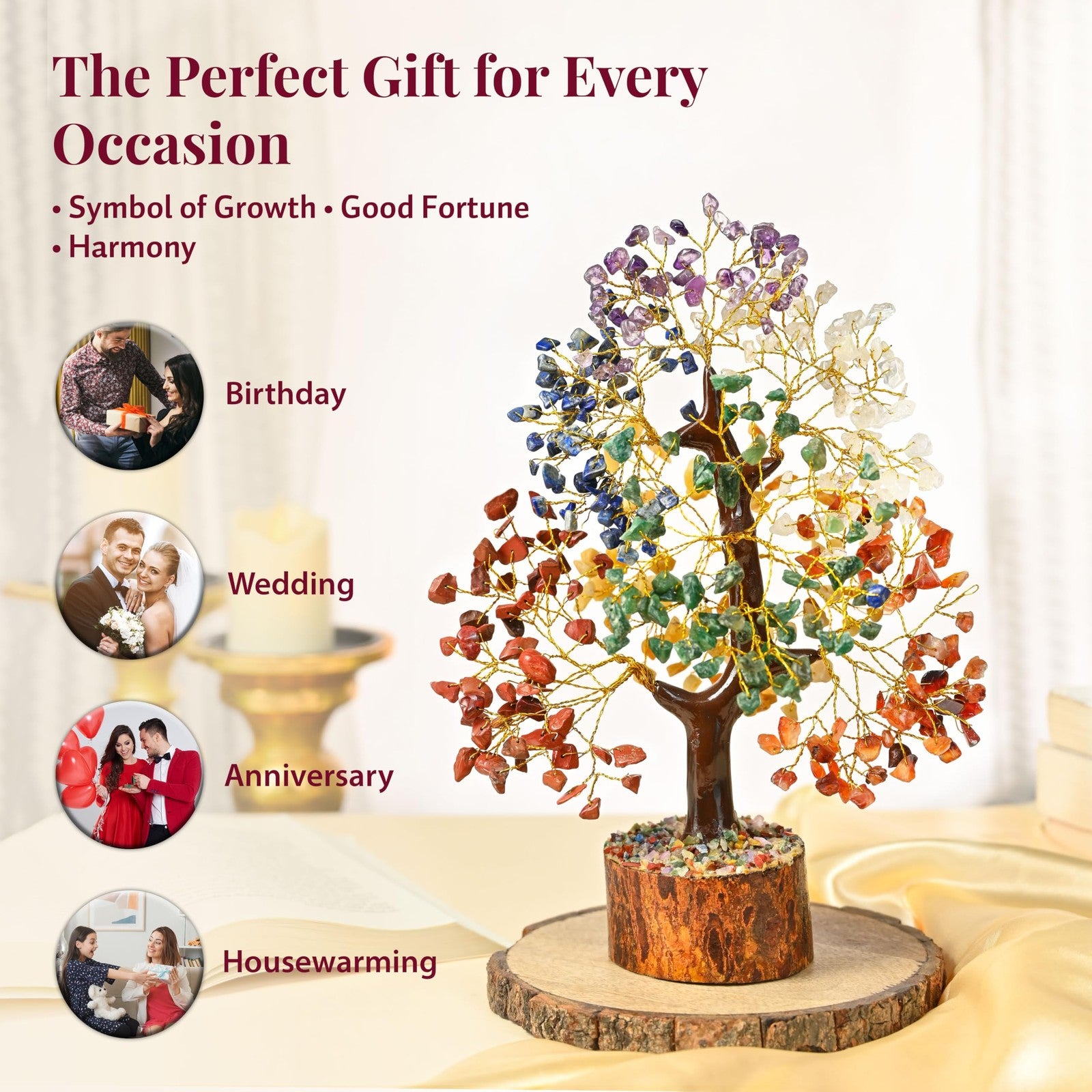 Crocon 7 Chakra Healing Crystal Tree of Life for room decor, feng shui crystal tree with colorful chakra stones and intricate branches.