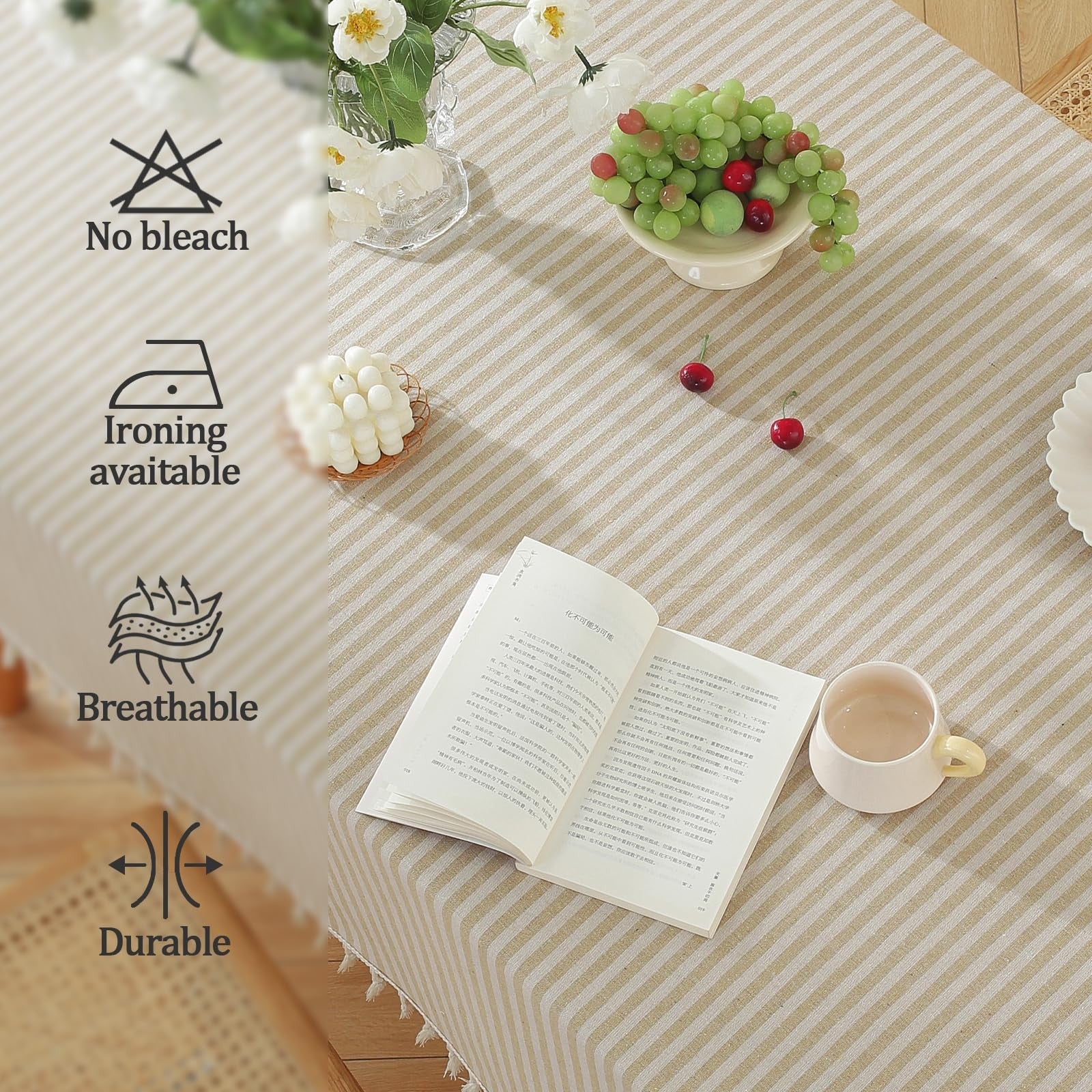 Beige striped cotton blend tablecloth with tassels, dust-proof, suitable for dining tables, unbranded.
