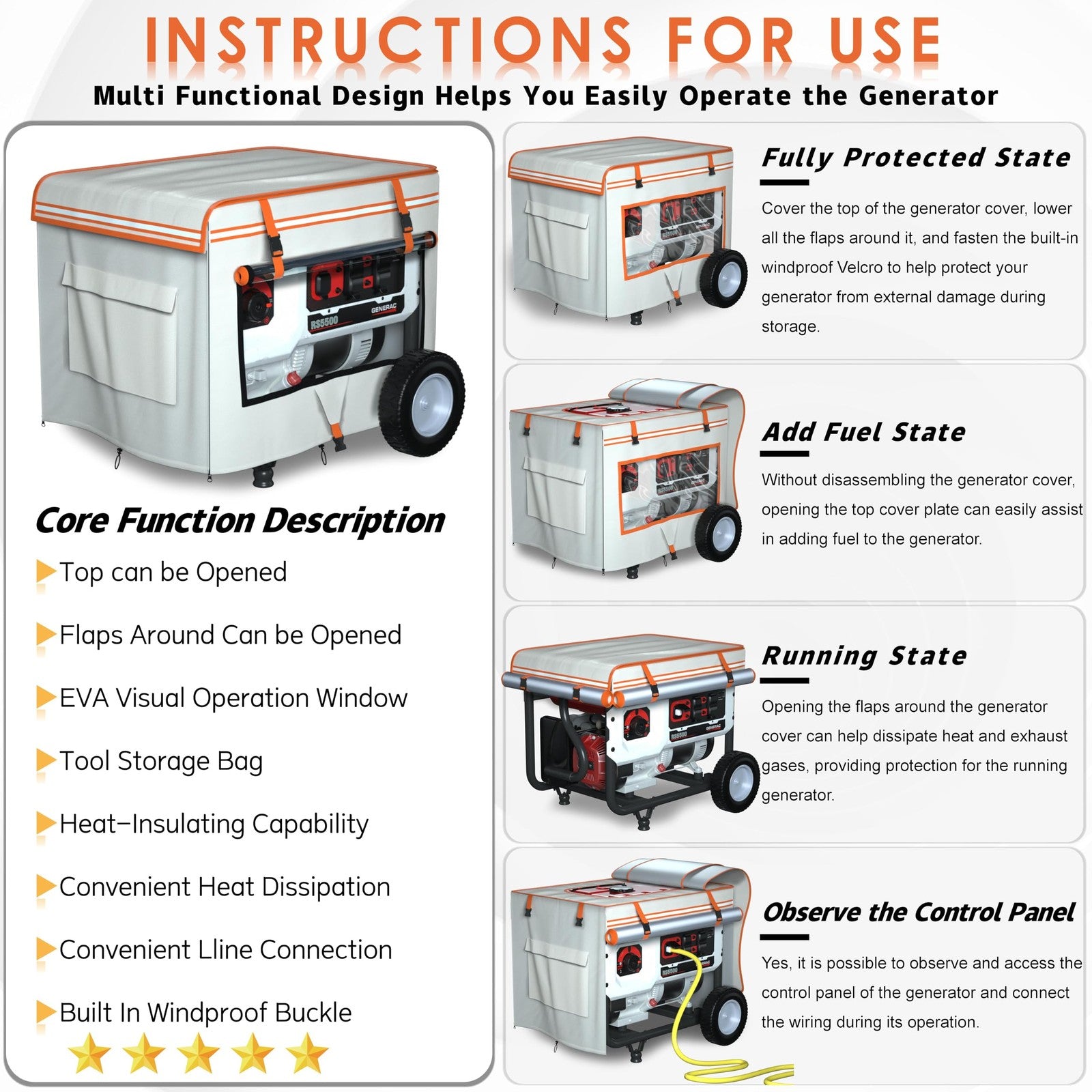 TBNO all-season generator cover fitting a 32x24x24-inch generator, designed for outdoor use and protection while running