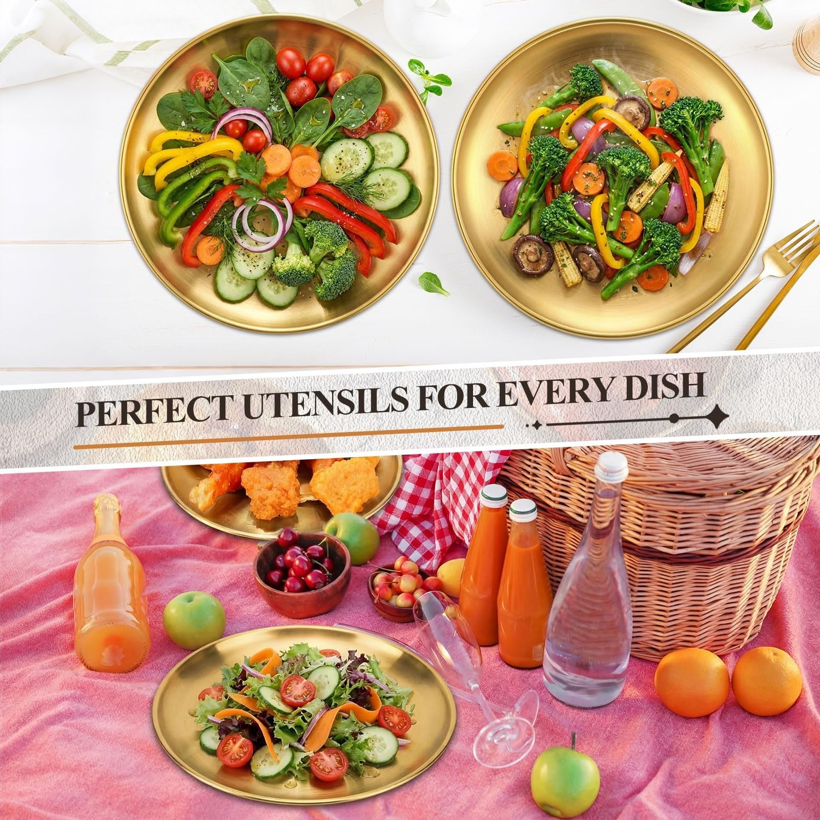 Nuogo stainless steel gold dinner plates, 9-inch metal serving plates, set of 20 with shiny gold finish, perfect for elegant table settings.