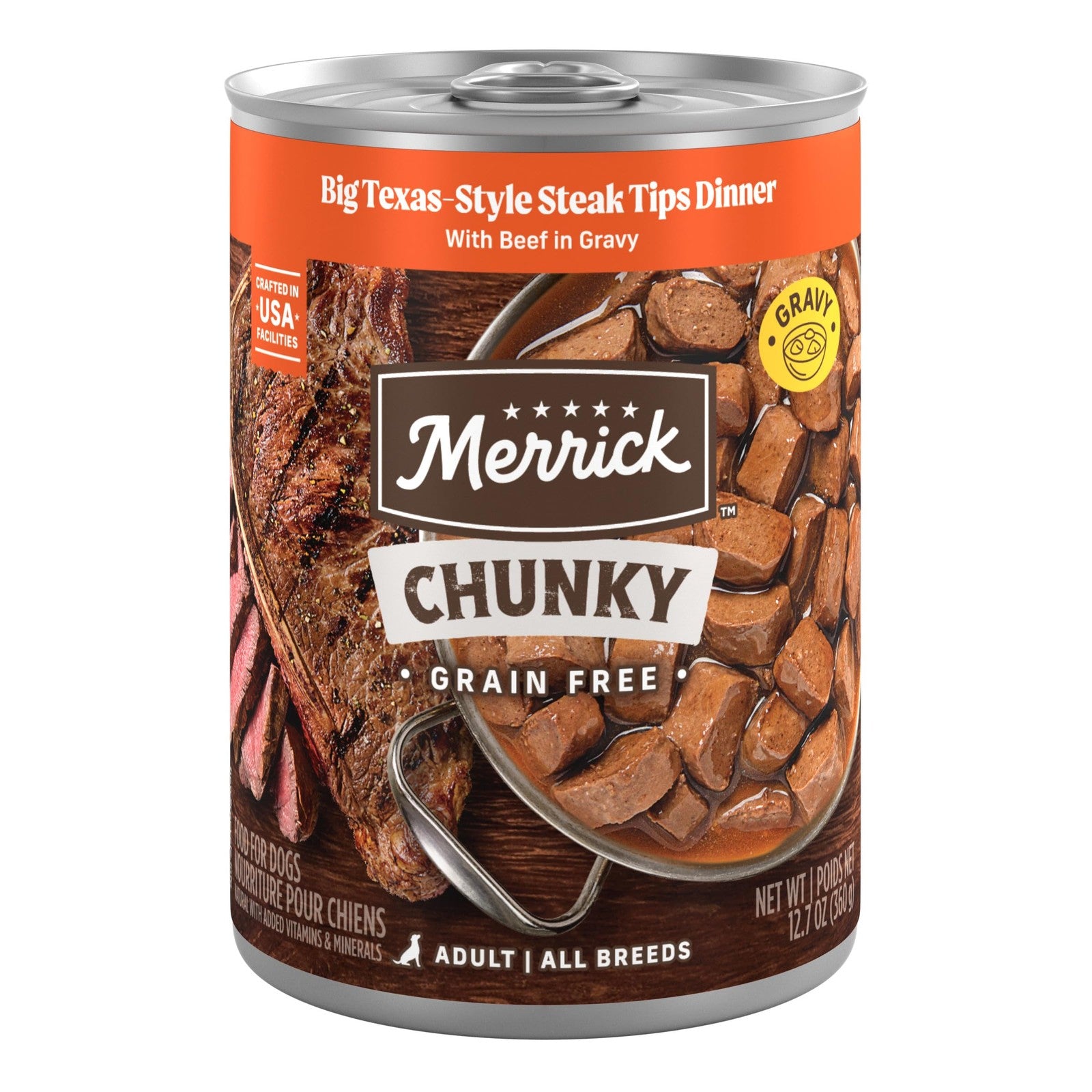 Merrick Chunky Grain-Free Premium Canned Dog Food with real meat and wholesome ingredients in a can for large dogs.