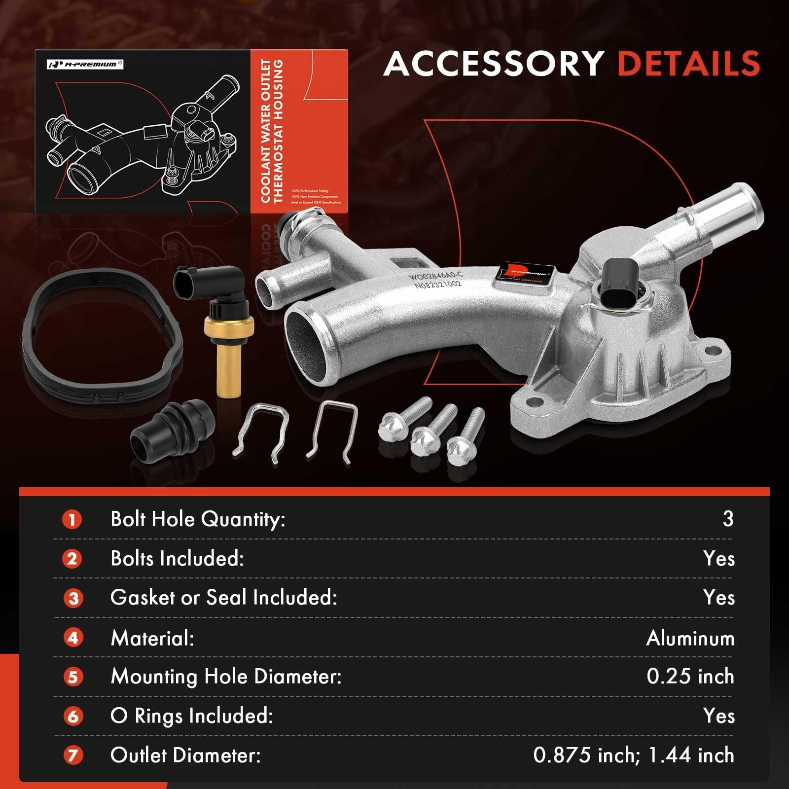 A-Premium aluminum coolant housing water outlet for Chevy Cruze, Sonic, Trax 1.4L engine, showing the metal water outlet with mounting points.