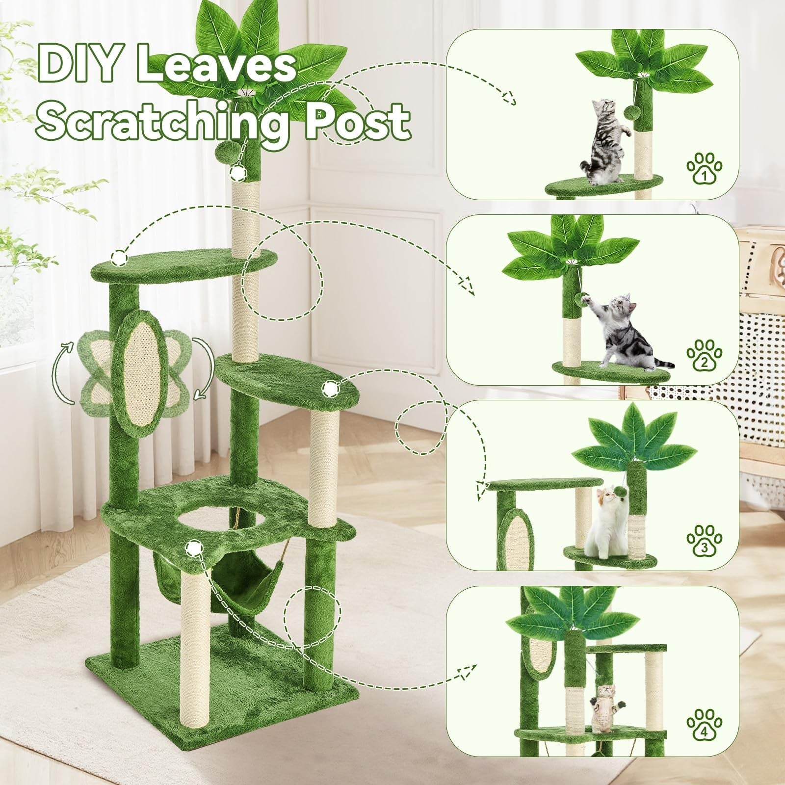 TSCOMON 61-inch multi-level cat tree with green leaves and cozy hiding spots for cats to climb and rest.