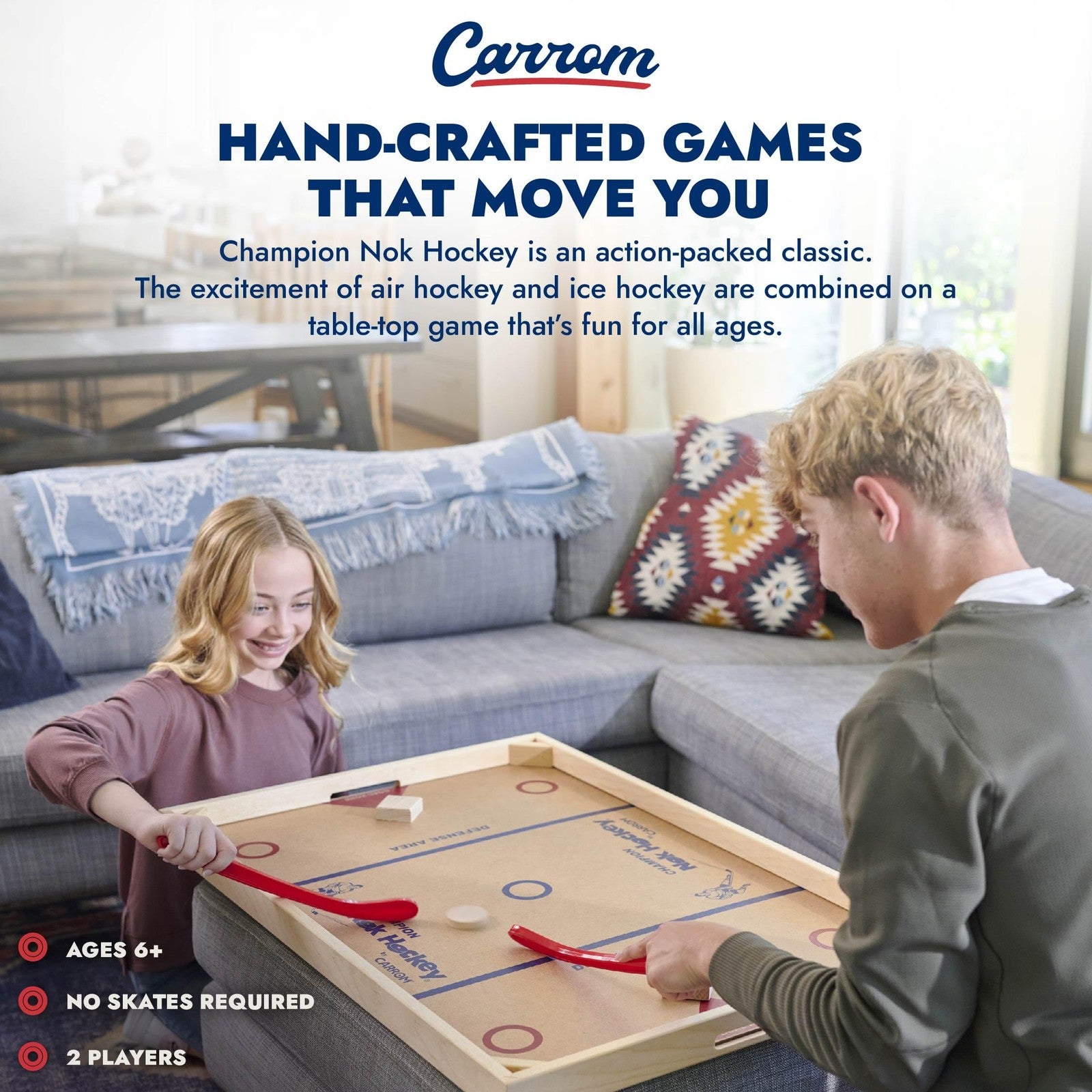 Carrom Champion Nok Hockey game with wooden board for adults, featuring black and red striker pieces on a smooth playing surface.