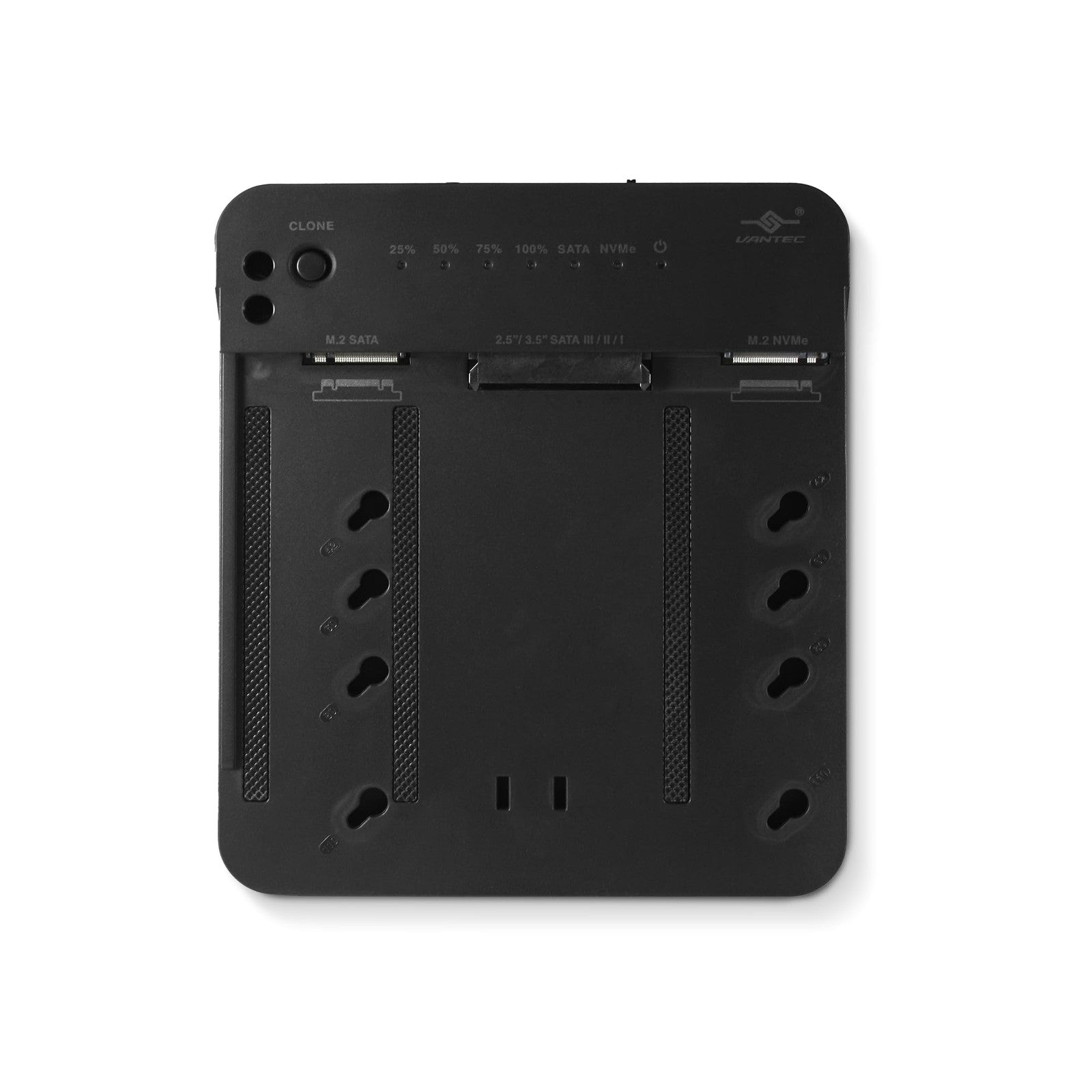 Vantec multi-function storage adapter with M.2 NVMe, SATA, SSD, and HDD ports, showing the compact device and connection ports.