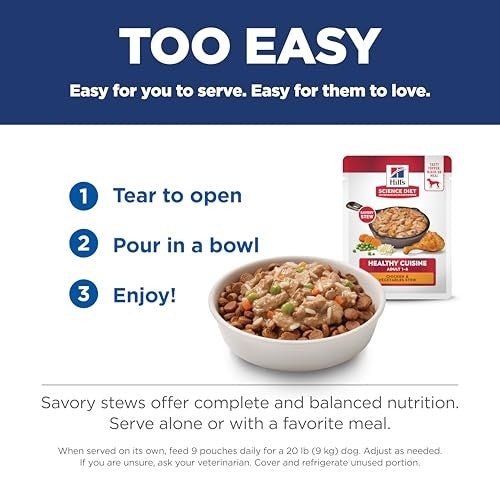 Canned Hill's Science Diet Adult 1-6 Healthy Cuisine wet dog food with chicken and vegetables in a bowl