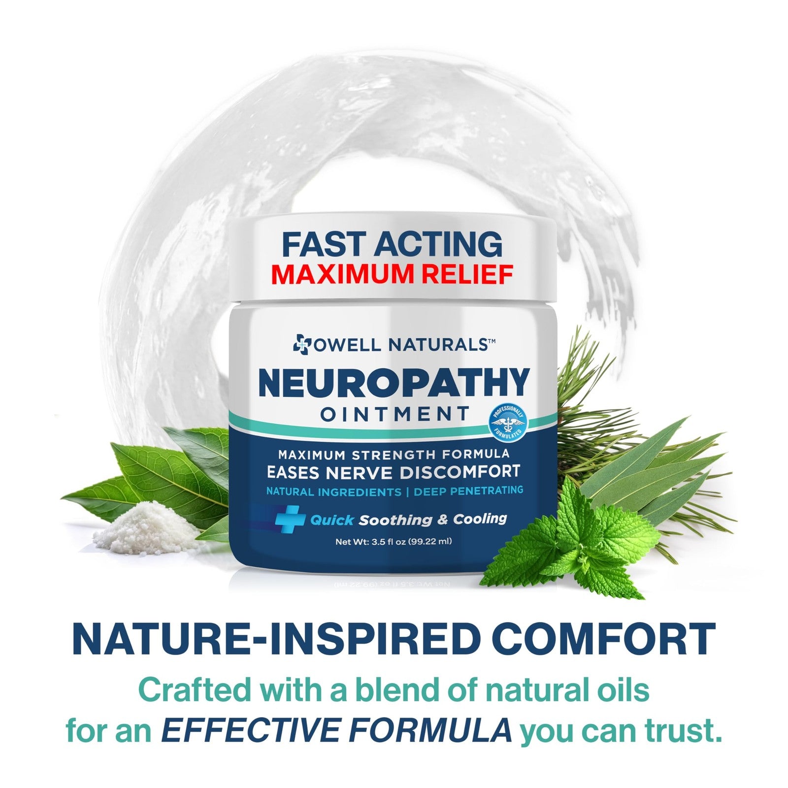 Unbranded Owell Naturals neuropathy nerve relief ointment applied to feet, fingers, hands, and toes in a close-up image.