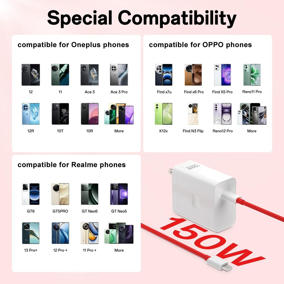 Weboyo 150W 100W 80W fast wall charger block compatible with OnePlus OnePlus 15 smartphone, showing multiple charger ports and branding